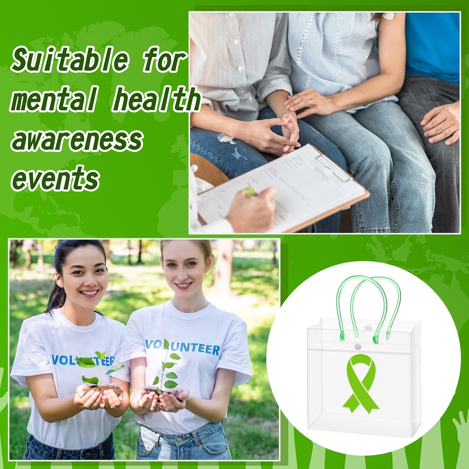 Silkfly 50 Pcs Mental Health Awareness Gift Bags Bulk with Handle Green PVC Party Favor Goody Tote Bags with Button Reusable Mental Health Awareness Item