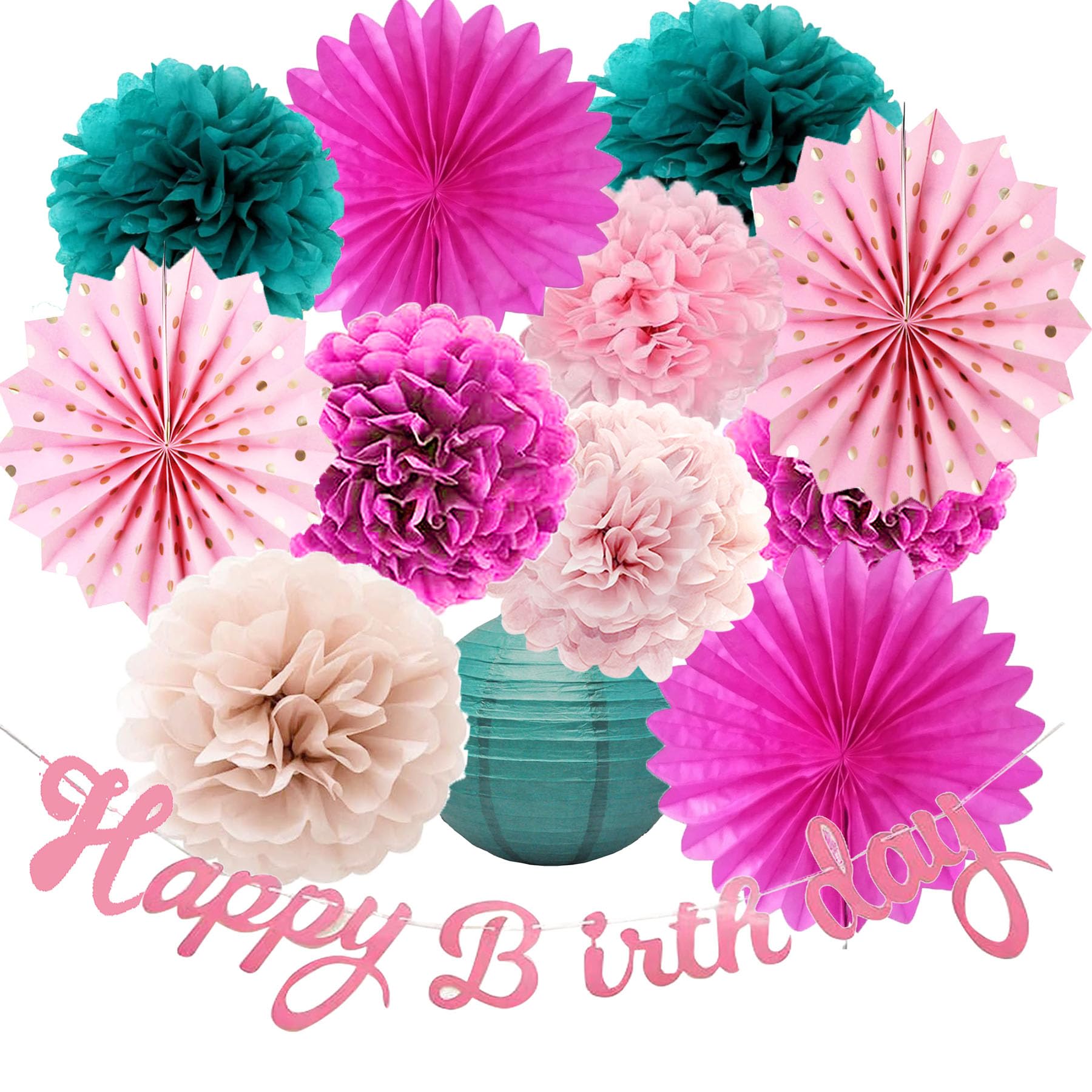 Happy Birthday Decorations for Girls Women with hot Pink Turquoise Blue Paper Fan Lantern Birthday Banner Tissue Pom poms Party Decor Supplies (Teal + Pink)