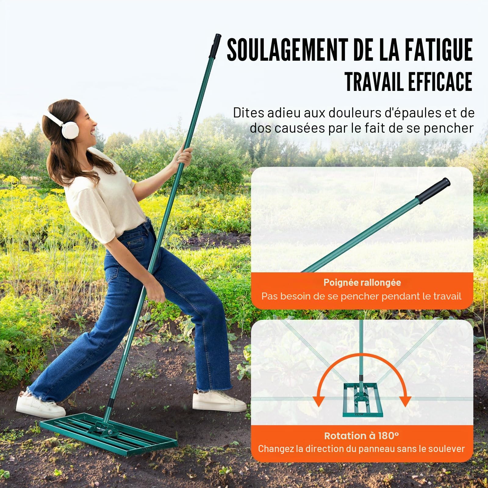 VEVOR Râteau de Nivellement de Pelouse 914x254 mm Raclette à Gazon Manche en Acier 1981 mm Plaque de Base Alliage Aluminium Râteau Niveleur de Pelouse Robuste pour Terrain Cour de Golf Jardin Champs