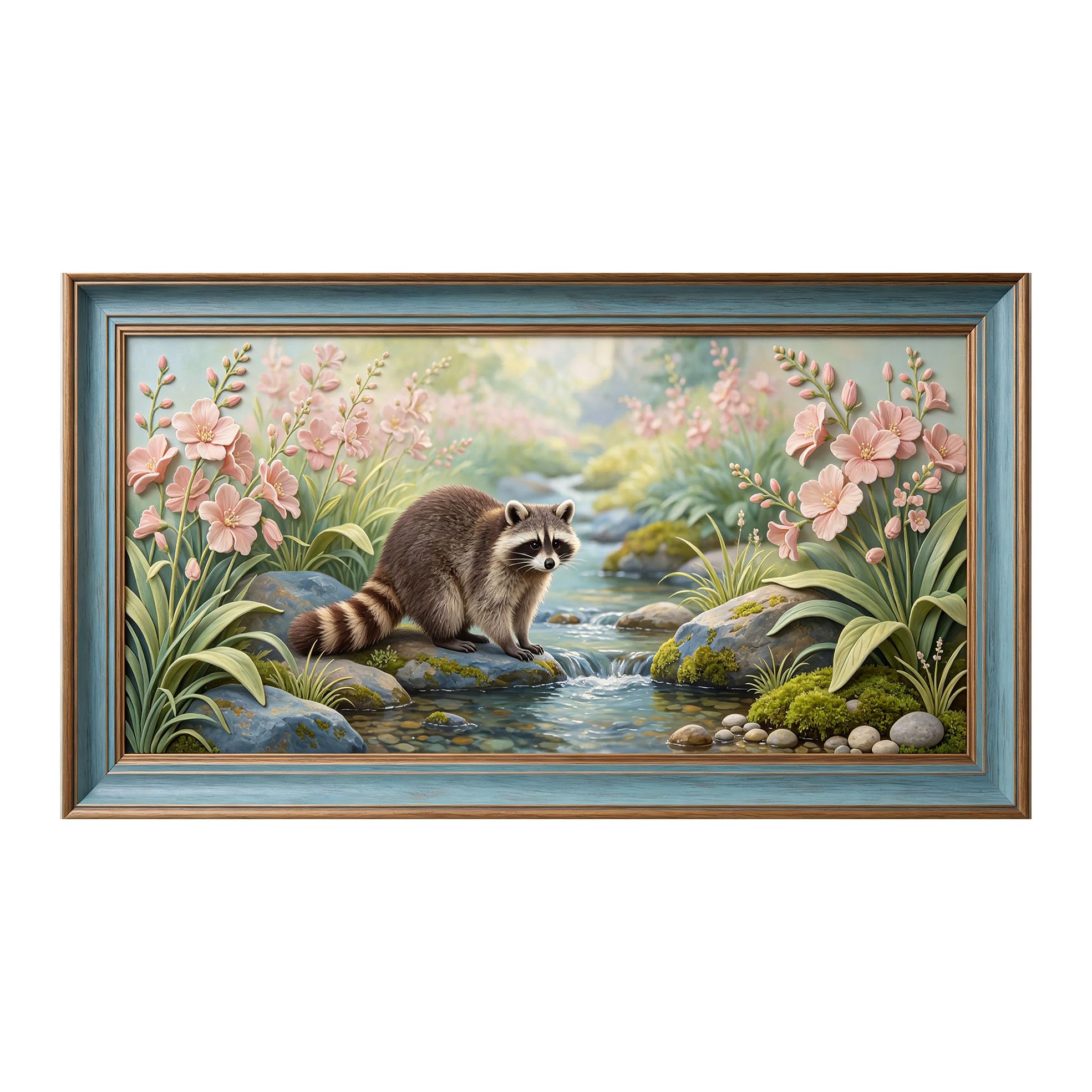 Yzpallescene 3D 3D Framed Wall Art 50cm×90cm Raccoon Forest Stream Botanical Landscape Oil Painting Large Size SelfAdhesive Removable Wall Decor Prints Artwork for Living Room Bedroom Office