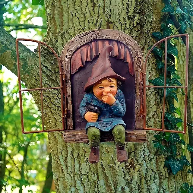 Eleven Outside Door Tree Hugger Resin Gnome Figurine - Garden Statue Leprechaun