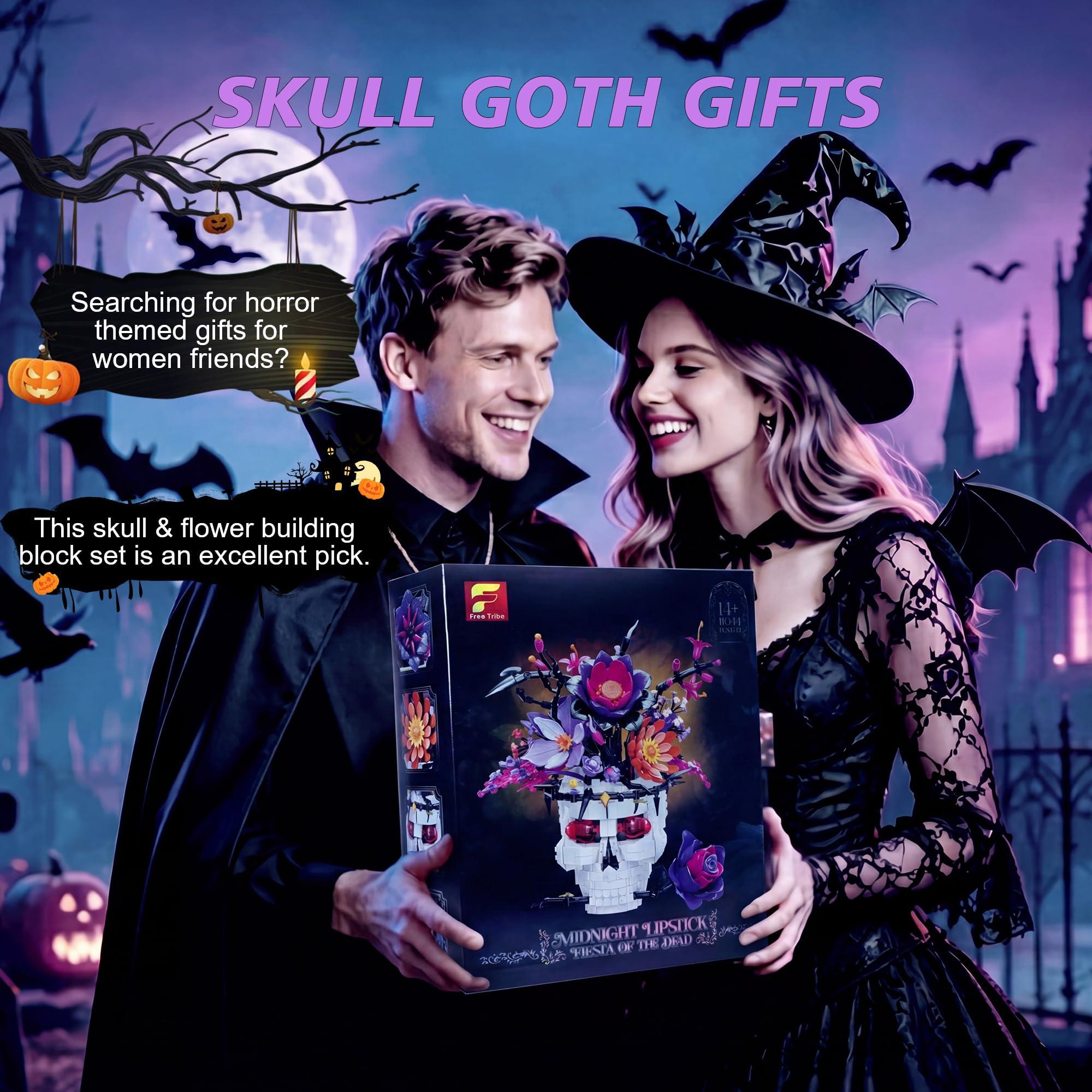 Goldlife Gothic Klemmbausteine Blumen mit Totenkopf-Vase, Blumenstrauß Bausteine für Erwachsene Frauen, Valentinstag Halloween Geburtstag Totenkopf Geschenke, Gothic Deko (Rose)