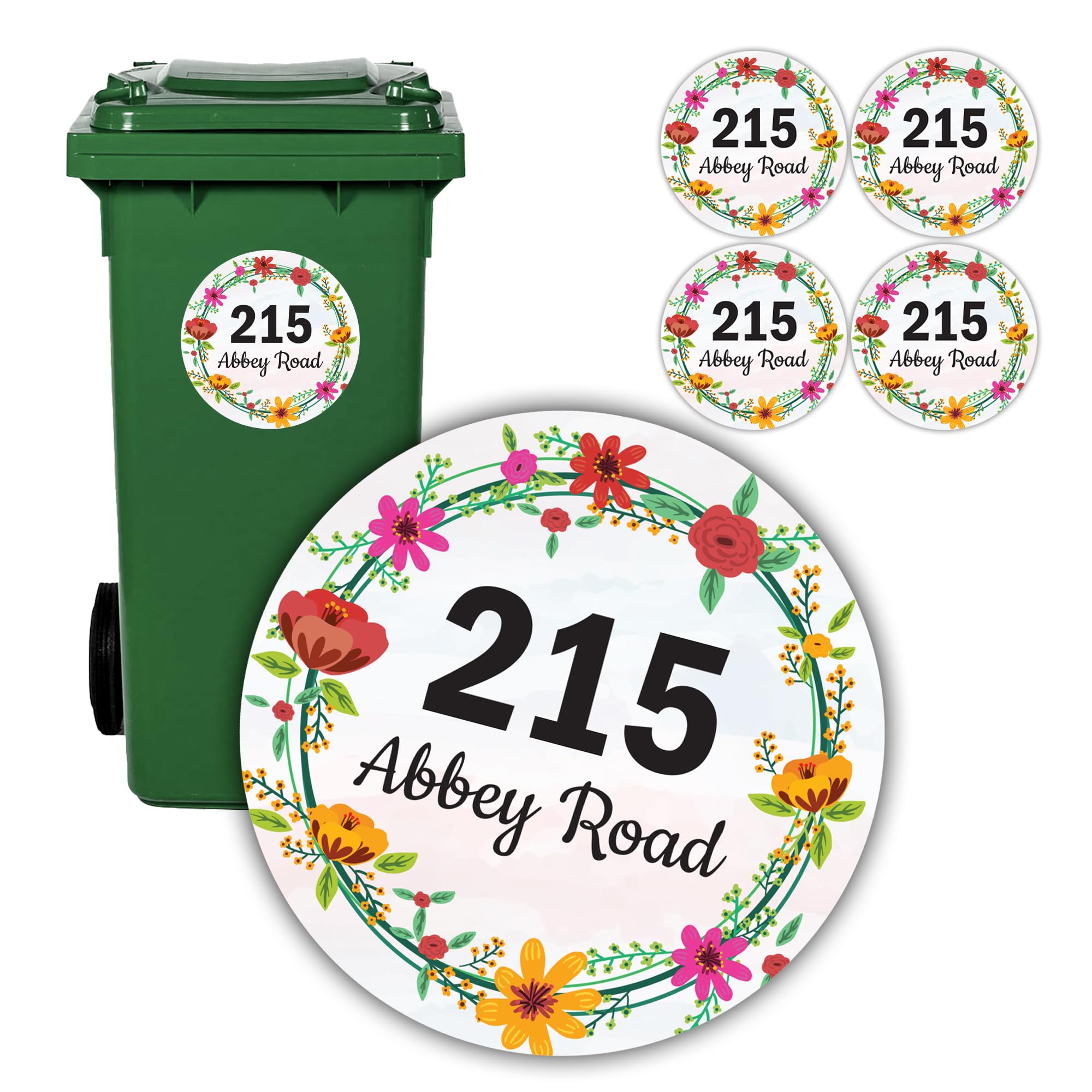 Personalised Wheelie Bin Stickers, Custom House Number and Street Name, Waterproof Vinyl Decal, Round Floral Garland, A6, Set of 4