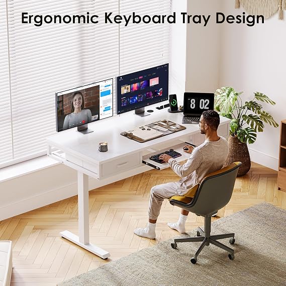 OffiGo Height Adjustable Desk with Double Drawers, 140 cm Standing Desk with Keyboard Tray, Electric Computer Table with Power Socket, Sit Stand Desk for Home Office, White