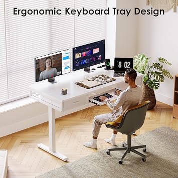 OffiGo Height Adjustable Desk with Double Drawers, 140 cm Standing Desk with Keyboard Tray, Electric Computer Table with Power Socket, Sit Stand Desk for Home Office, White