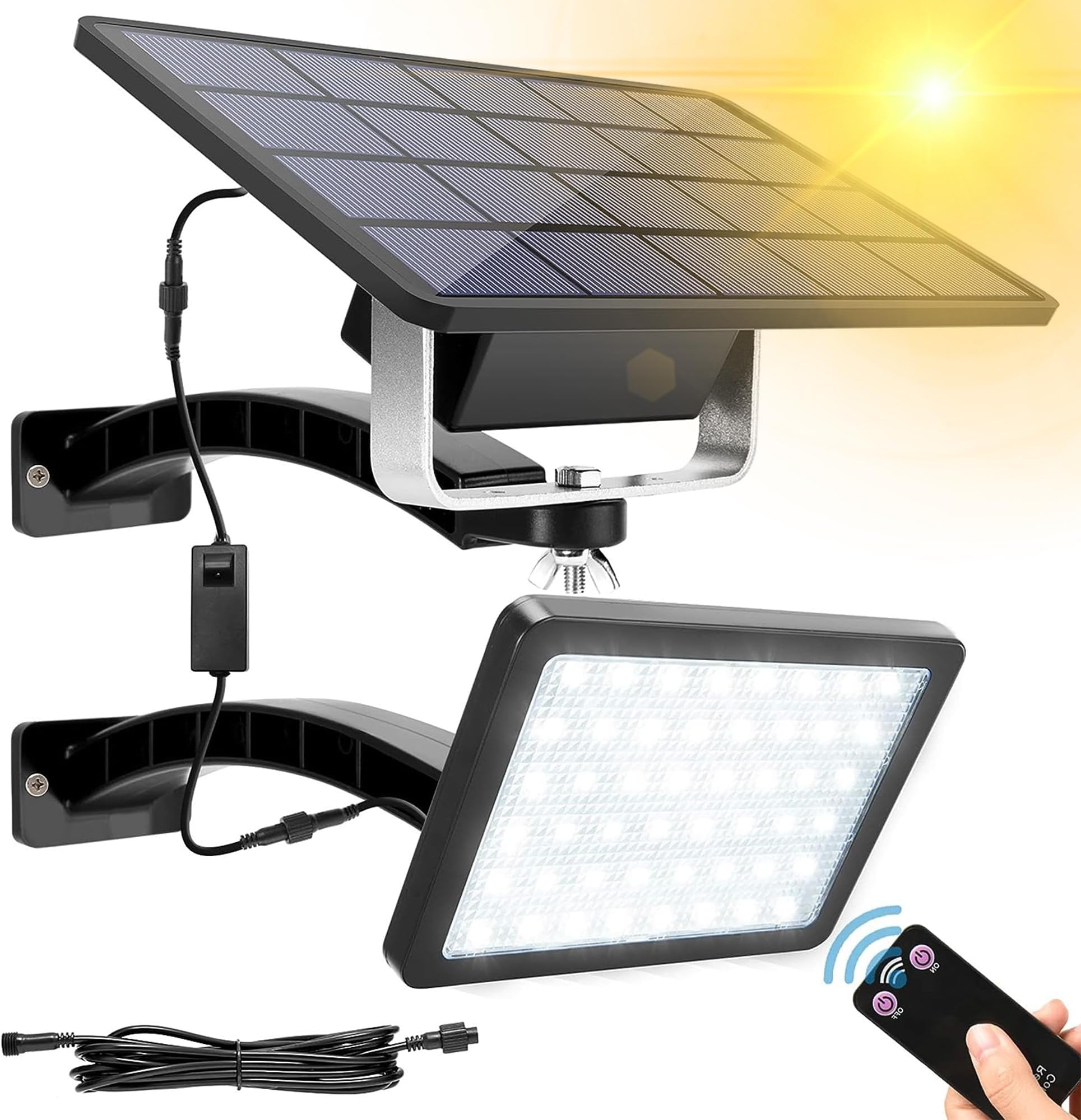 JACKYLED 1000 Lumens 48 LED Dusk to Dawn Solar Light Outdoor with Remote Control Solar Security Light, 5500mAh Battery, 9.8ft Cord -Solar Flood Lights Outdoor for Wall Porch Barn Patio Garage, Black