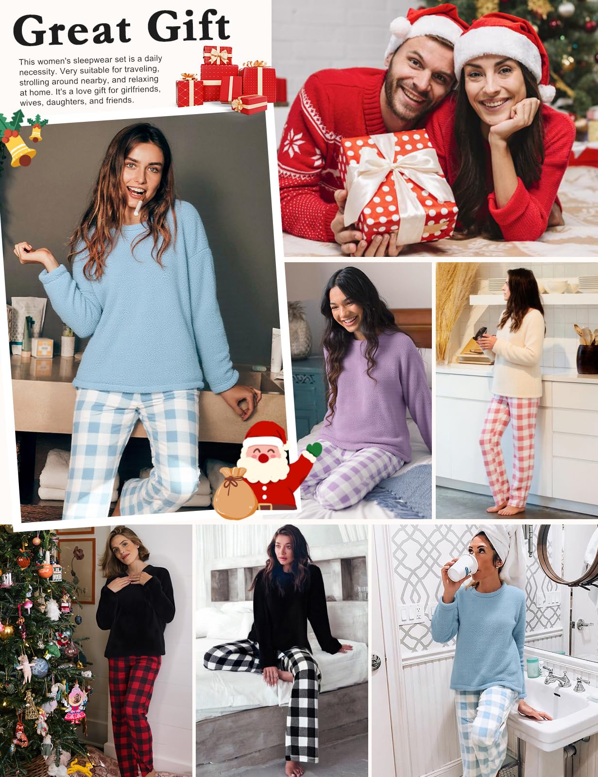 Niwicee Pigiama Invernale Pigiami Due Pezzi da Donna Pile Set Invernale in Velluto Felpa Pigiama Natalizio Morbido Lounge Nightwear per Inverno con Felpa e Pantaloni