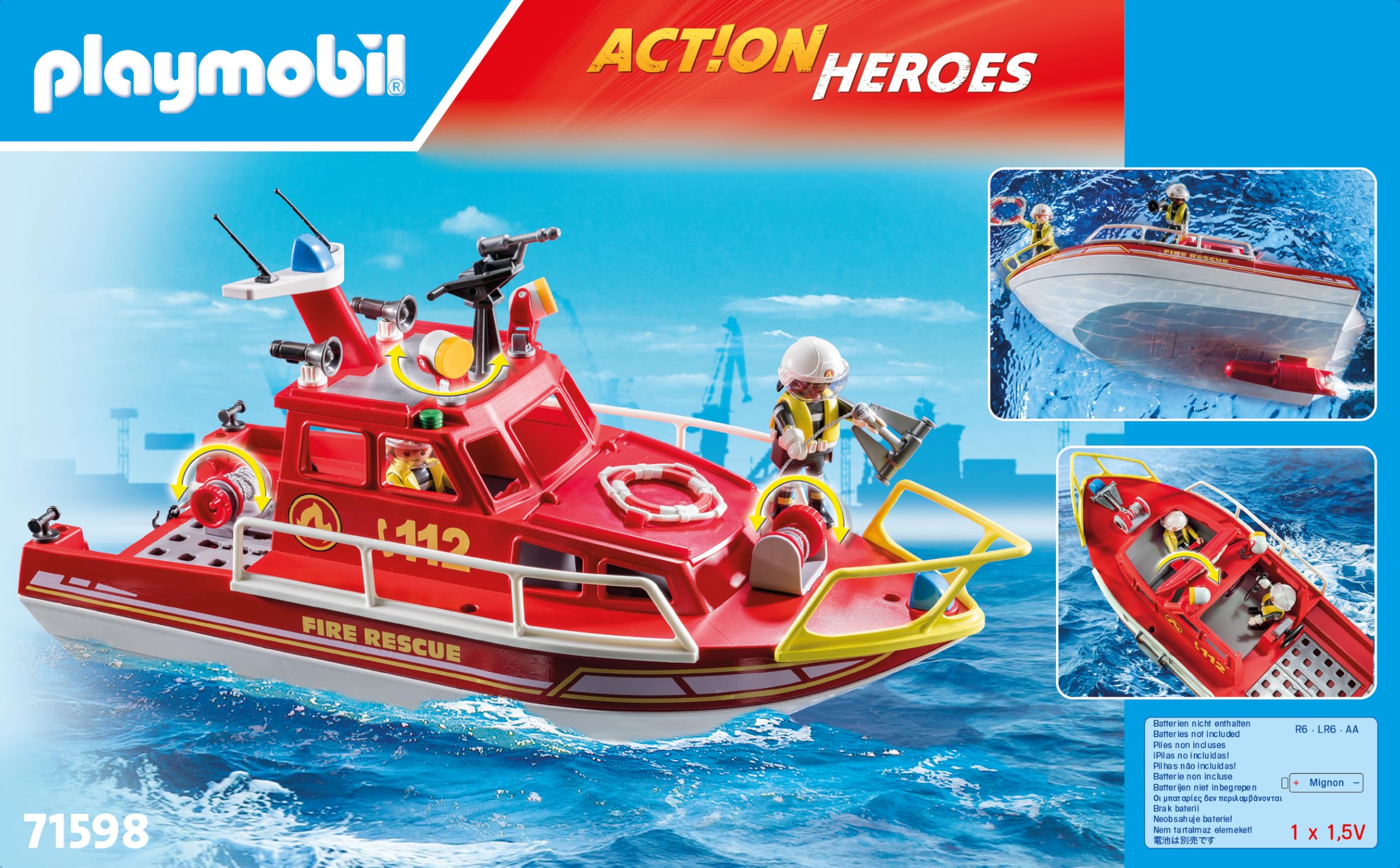 PLAYMOBIL Action Heroes 71598 Barca dei Vigili del Fuoco, missione di salvataggio sull'acqua, barca galleggiante con tetto removibile e accessori, giocattolo per bambini dai 4 anni in su
