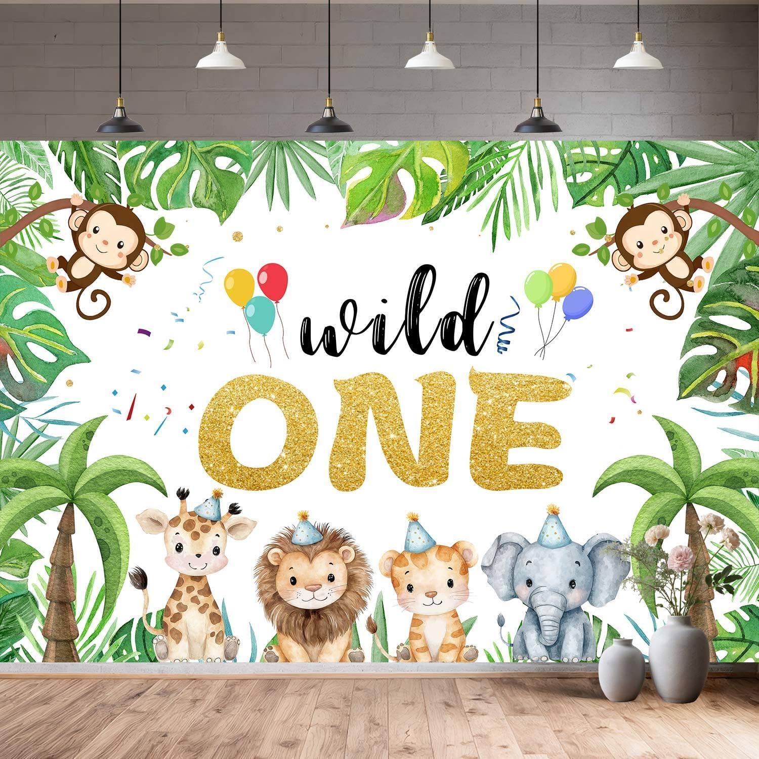 5X3ft Wild One Safari 1st Birthday Backdrop for Boy Happy Birthday Photography Background Jungle Animal Theme Party Baby Shower Cake Table Decor Photo Studio Props Wall Decor Banner
