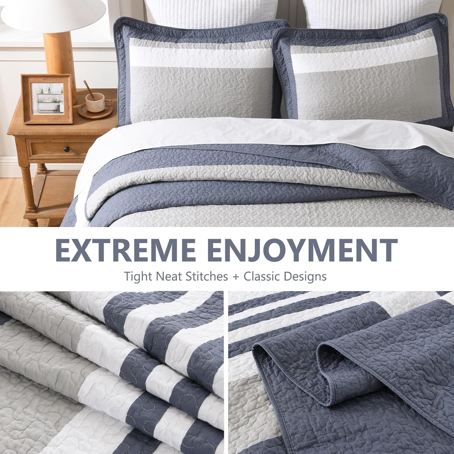 120"x120" Oversized Bedspread - 100% Cotton, Striped Pattern California King Extra Large Quilt, Cal King XL Bed Spread Lightweight Comforter, 3pcs, Grayish-Blue/Gray/White