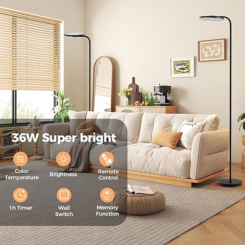Miniatura 8 de Lámparas de pie LED, lámpara de pie de 36 W, lámpara alta regulable continua con control remoto, lámpara de pie brillante de cabeza giratoria de 350