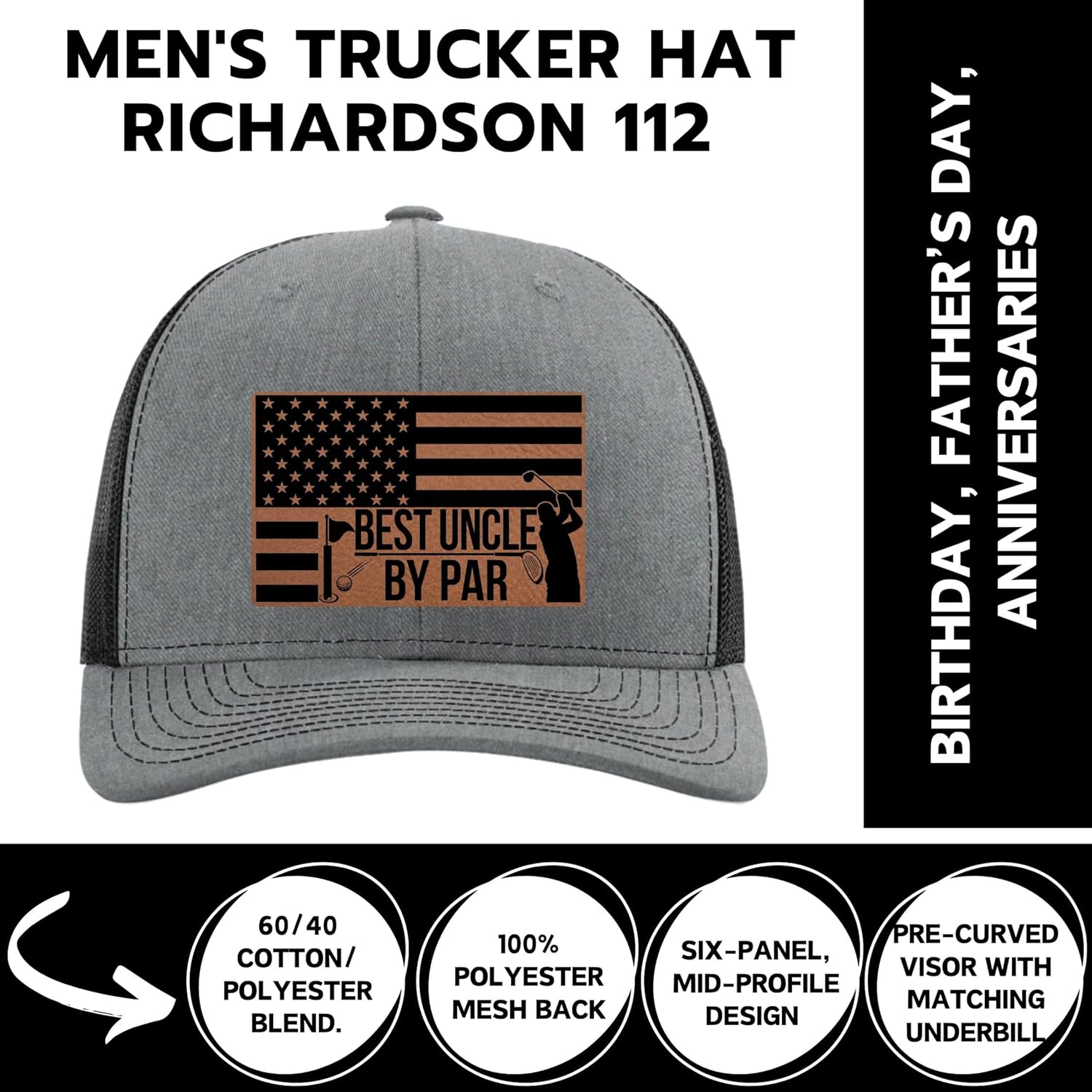 Uncle Gifts from Niece Nephew - Fathers Day Christmas Birthday Gifts for Uncle Brother - Best by Par - Funny Golf Hats for Men 2025 - Golf Accessories for Men - Richardson 112 Trucker Hat