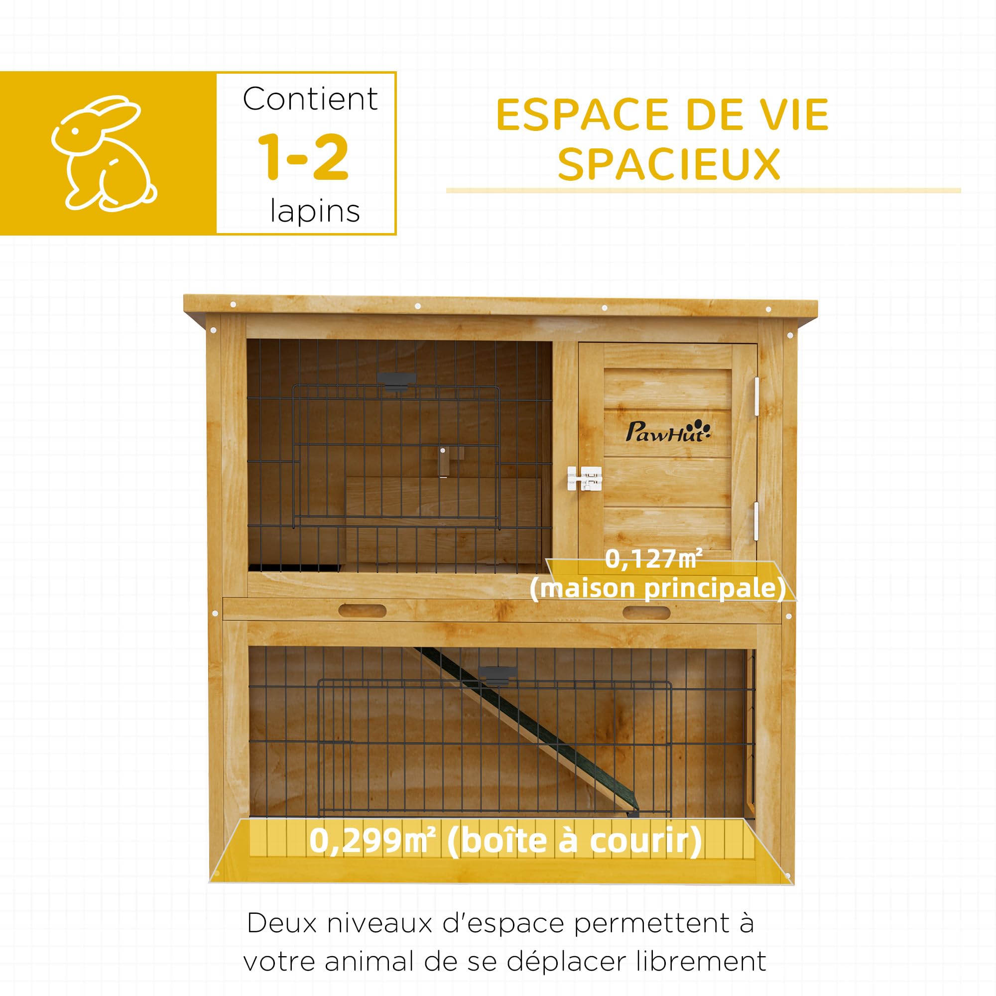 PawHut Conigliera a 2 Piani con 3 Porte con Serratura, Rampa Scorrevole e Tetto in Asfalto, Legno Massiccio, per Conigli, 85 x 50 x 80 cm, Giallo