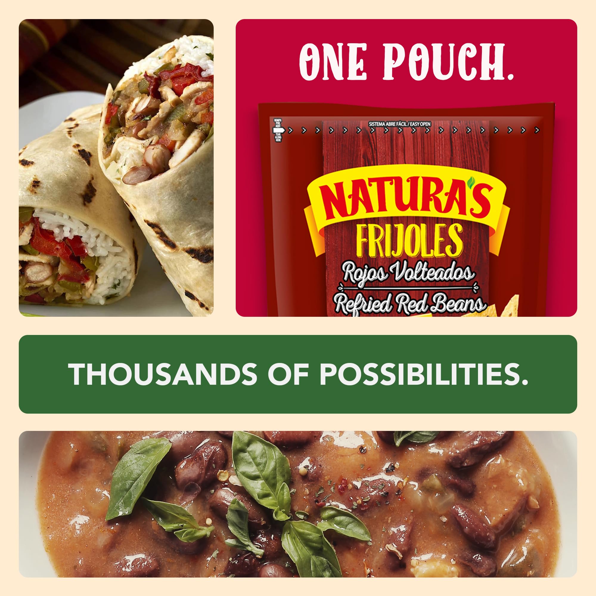 NATURA'S Refried Red Beans, Ready-to-Eat Vegetarian Refried Beans, Frijoles Rojos 26.45 oz Pouch (Pack of 12)