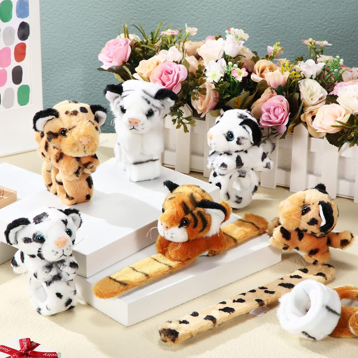 Lenwen 8 Pcs Tiger Leopard Stuffed Animals Slap Bracelets for Kids Plush Animal Slap Snap Bracelets Bulk Tiger Leopard Wrist Bands Adopt an Animal Party Favors Back to School Gifts for Boys Girls