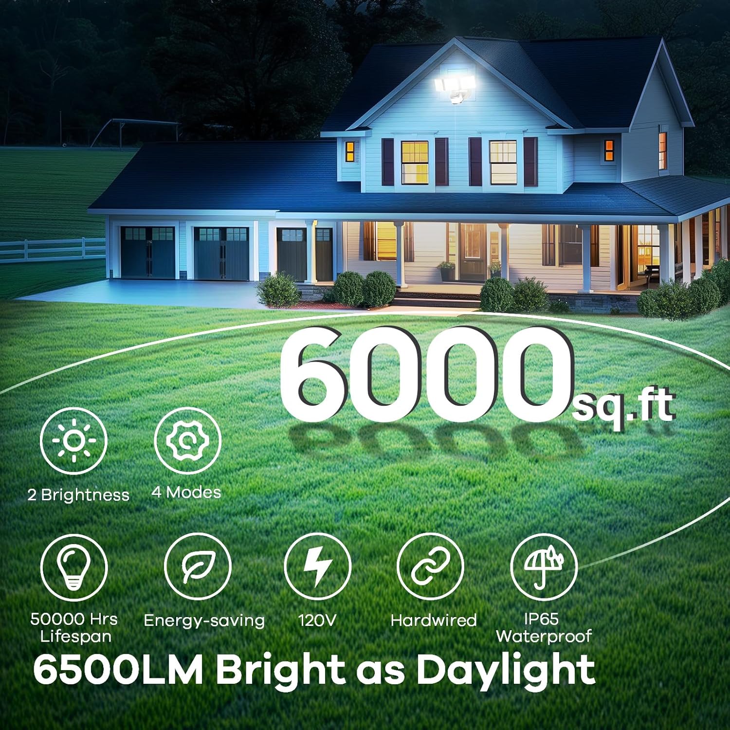 OREiN Motion Sensor Outdoor Flood Light 42W 6500LM, Super Bright LED Security Light, Dusk to Dawn/Auto/Manual Modes, IP65 Waterproof Hardwired Floodlight for Yard, Garage, Porch, Driveway