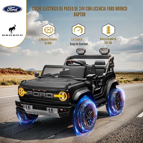 Miniatura 2 de ENYOPRO - Auto eléctrico Ford Bronco Raptor con licencia de 24 V para niños, 2 plazas, funciona con pilas, juguete con control remoto, suspensión de