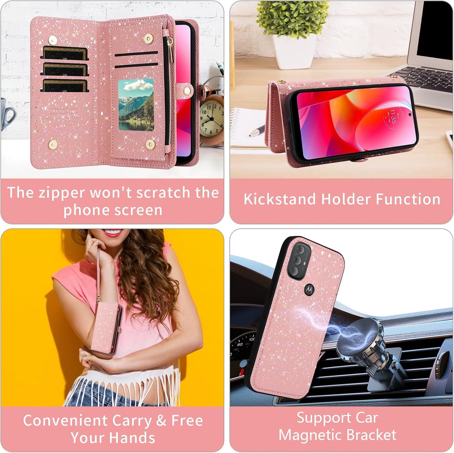 Phone Case for Motorola Moto G Power 2022/MotoG Play 2023/G Pure 2021 Zipper Wallet Magnetic Detachable Cover with Screen Protector and Glitter Cell XT2271DL XT2165DL XT2163DL XT2165-5 XT2271-5 Pink