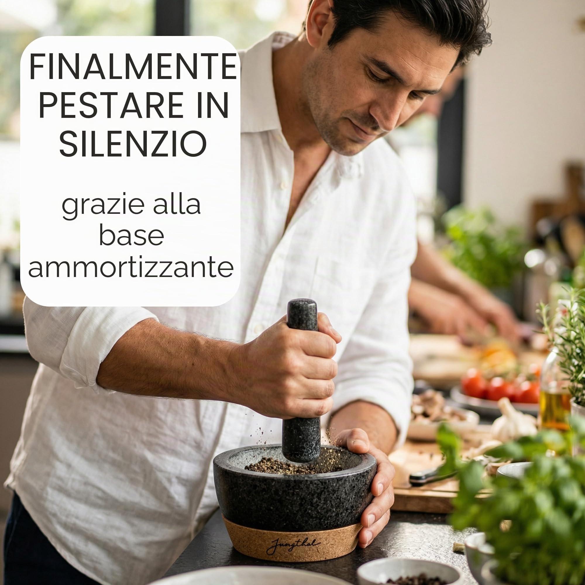 Mortaio con pestello in set | granito + sughero in design premiato | naturale, nobile e 100% antiscivolo | Ø 16 cm | mortaio di pietra per erbe e spezie | Mortar & Pestle