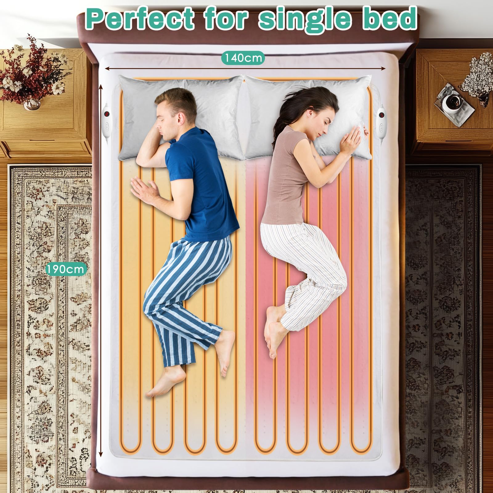 Clevich Surmatelas chauffant 190 x 140 cm - Double 2 x 100 W - Lavable en machine - Avec arrêt automatique de 8 heures - 6 niveaux de température - Double contrôleur amovible