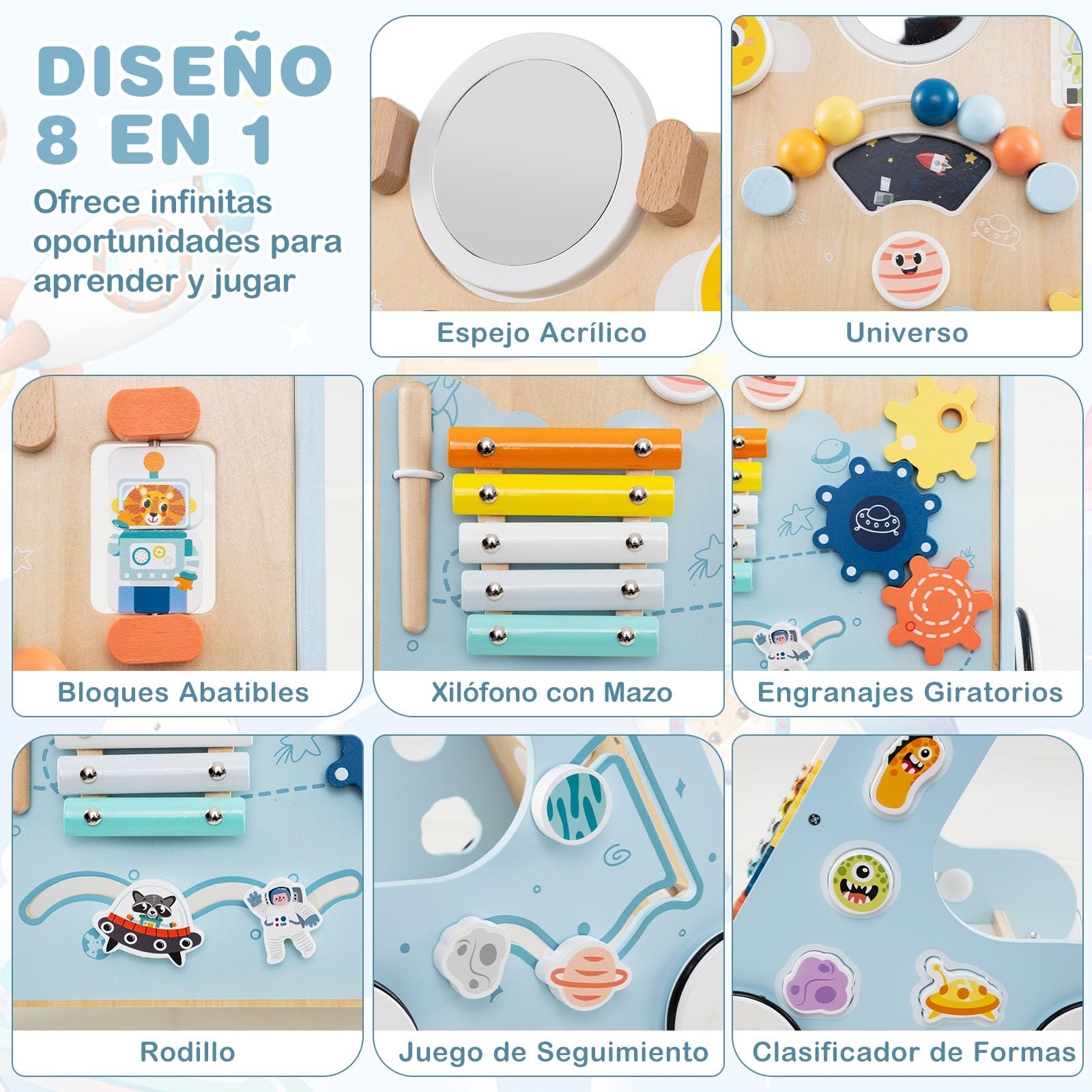 COSTWAY Andador Bebés de Madera 8 en 1, Caminador de Madera Bebé, Centro de Actividades de Aprendizaje de Empujar, Juguete Montessori con Ruedas, Carrito Correpasillos para Niños de 1+ Años (Azul)