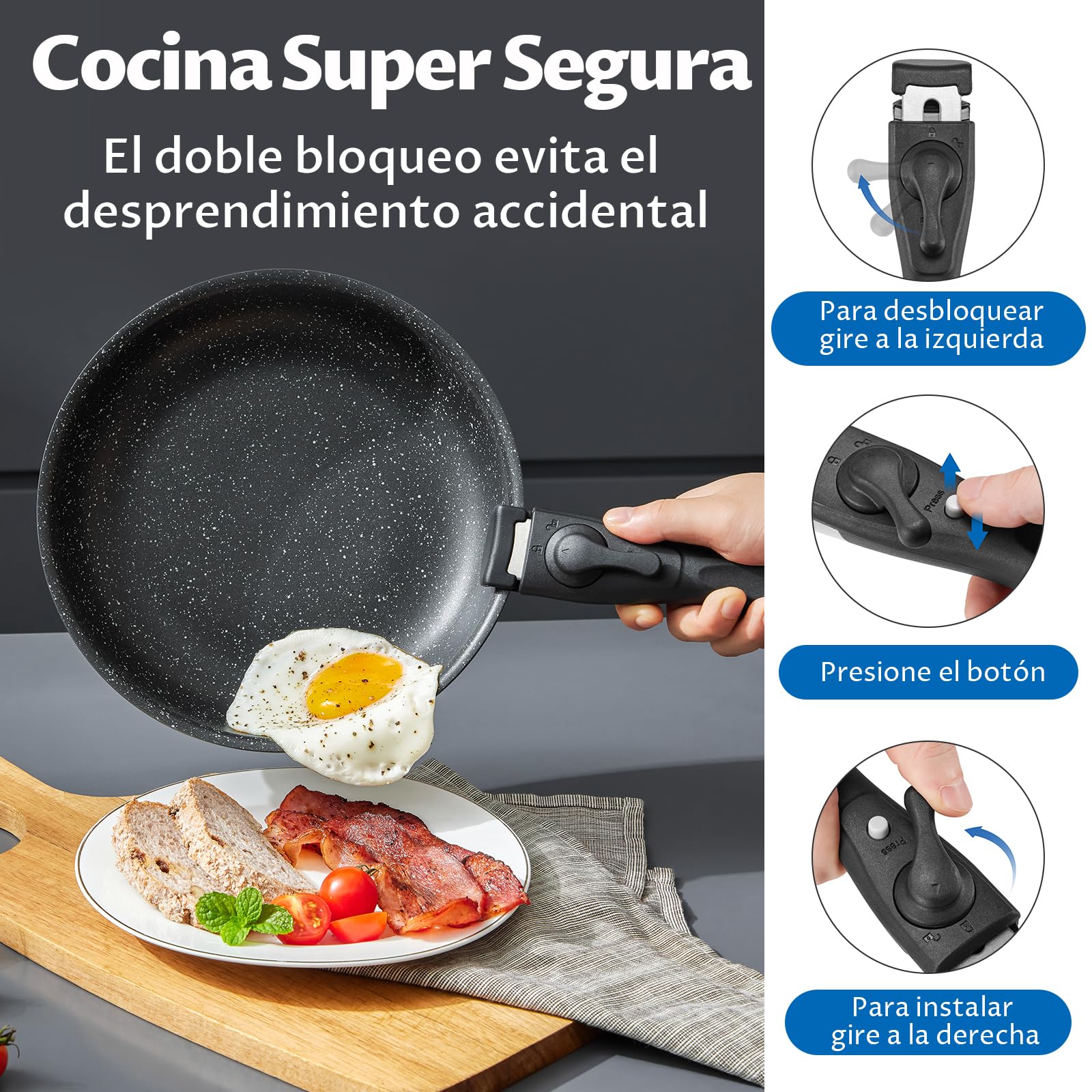 BEZIA Juego de Ollas y Sartenes 13 piezas, Sartenes Mango Extraíble, Batería de Cocina Antiadherente, sin PFOA y PFOS, apilable para todo tipo de cocinas, apto Lavavajillas y Horno