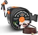 Retractable Garden Hose Reel, 50ft x 1/2", Wall Mounted, 10-Pattern Nozzle | 180° Swivel Bracket, Any Length Lock, with Nozzle Set, for Garden Watering, Car Washing & Patio Cleaning
