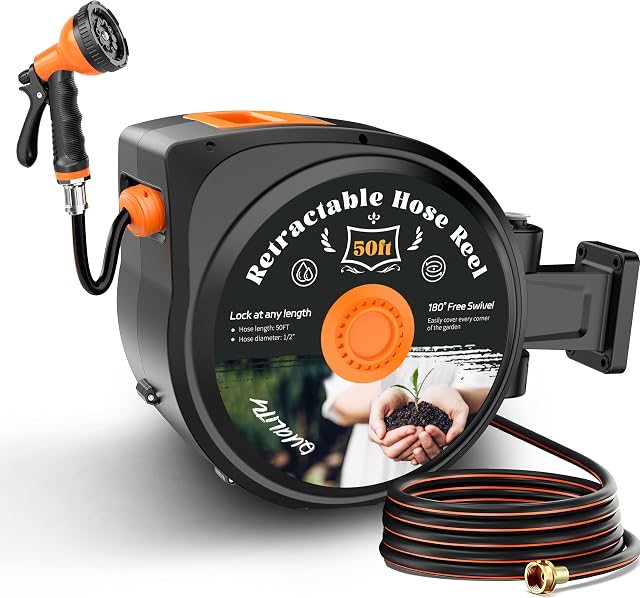 Retractable Garden Hose Reel, 50ft x 1/2", Wall Mounted, 10-Pattern Nozzle | 180° Swivel Bracket, Any Length Lock, with Nozzle Set, for Garden Watering, Car Washing & Patio Cleaning