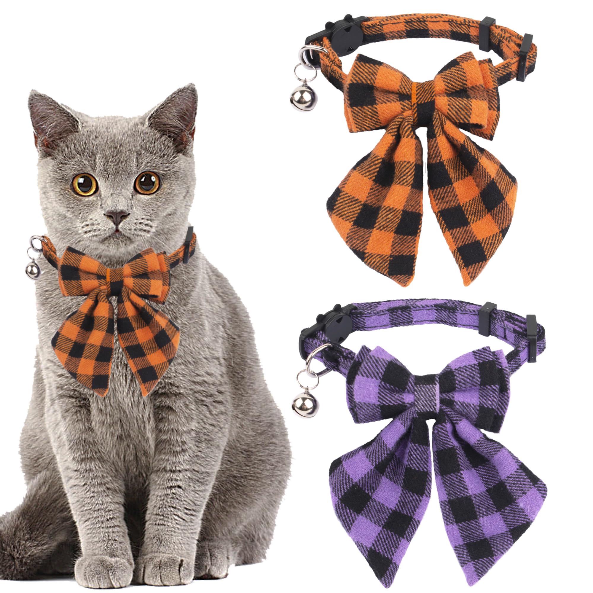 ADOGGYGO Halloween Cat Collars with Removable Bow Bell, 2 Pack Orange Purple Plaid Halloween Bowtie Collar for Cats Kittens