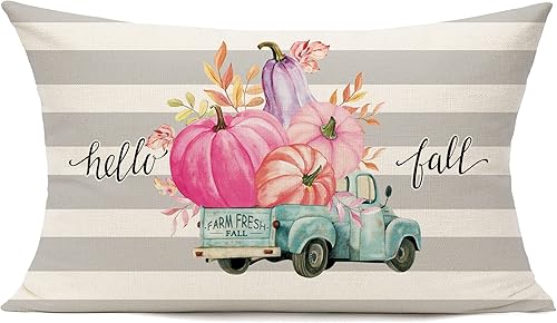 Miniatura 2 de Juego de 2 fundas de almohada lumbares de 12 x 20 pulgadas, diseño de calabaza rosa intenso, decoración de otoño, para Acción de Gracias, otoño,