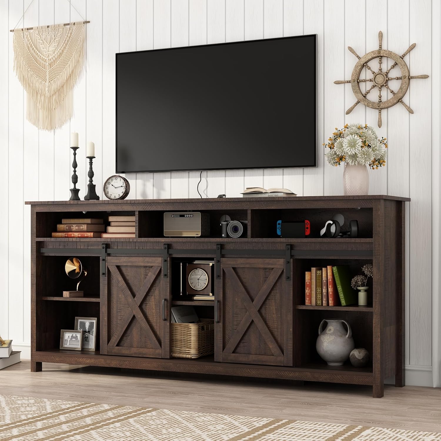 Vinctik 6&Fox 70in Wooden Farmhouse Entertainment Center for 80/75 inch TV,Double Layer Storage Farmhouse TV Stand,Double-Row Sockets with Wood Sliding Barn Door TV Stand(Double Layer Rustic Brown)