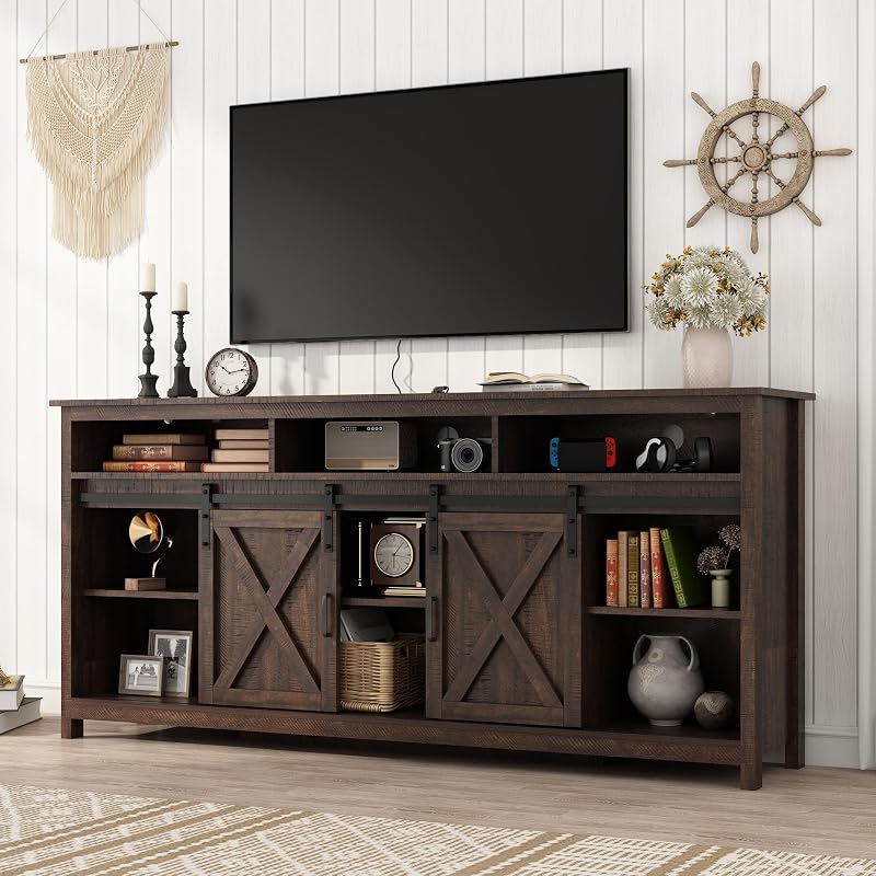 Vinctik 6&Fox 70in Wooden Farmhouse Entertainment Center for 80/75 inch TV,Double Layer Storage Farmhouse TV Stand,Double-Row Sockets with Wood Sliding Barn Door TV Stand(Double Layer Rustic Brown) image 7