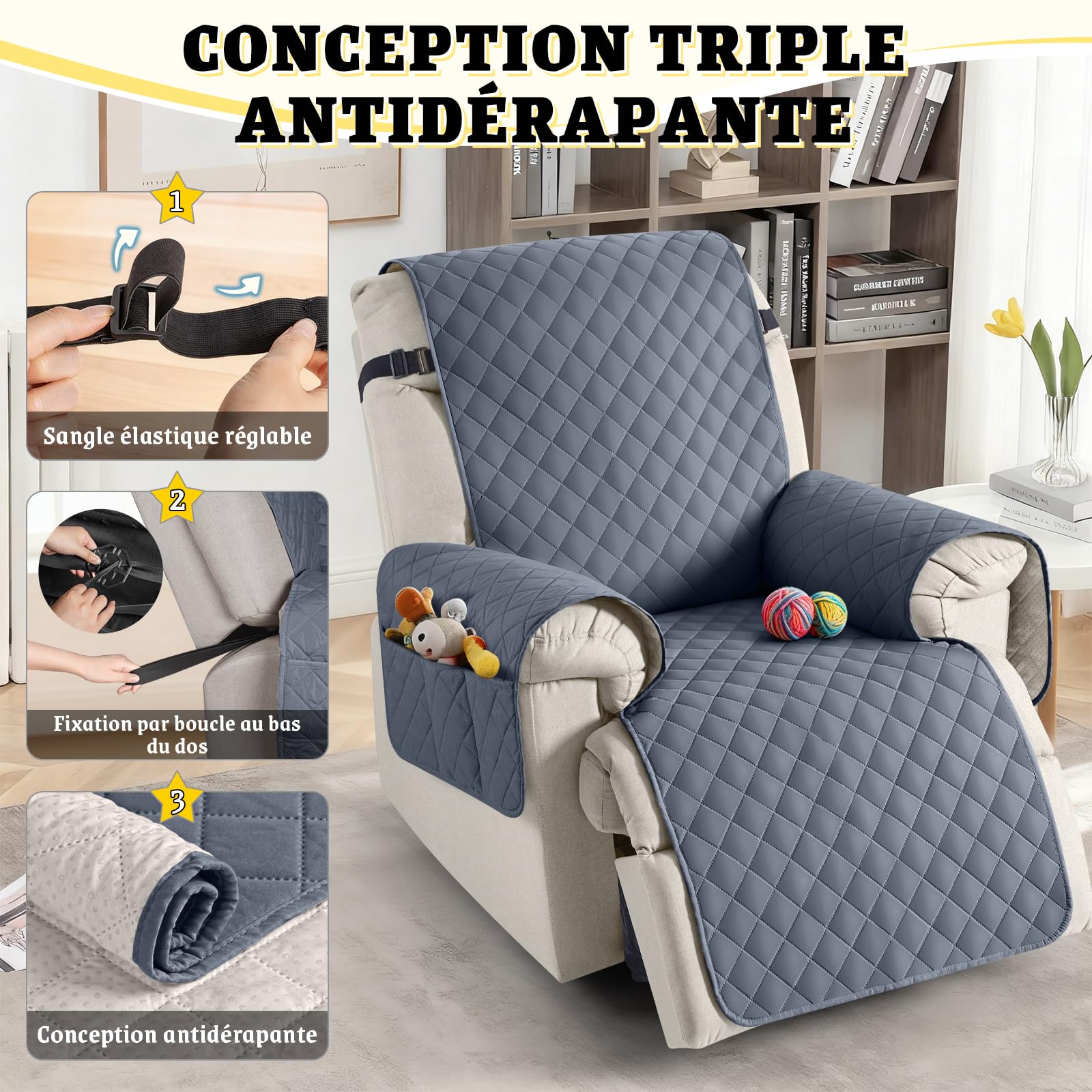 TAOCOCO Housse de Fauteuil Relax 1 Place, Housse pour Fauteuil Relax Ectrique avec Poche, Protege Canape Impermeable, Adaptée aux Enfants et Animaux, Lavable.(Gris Bleu, 25 inch)