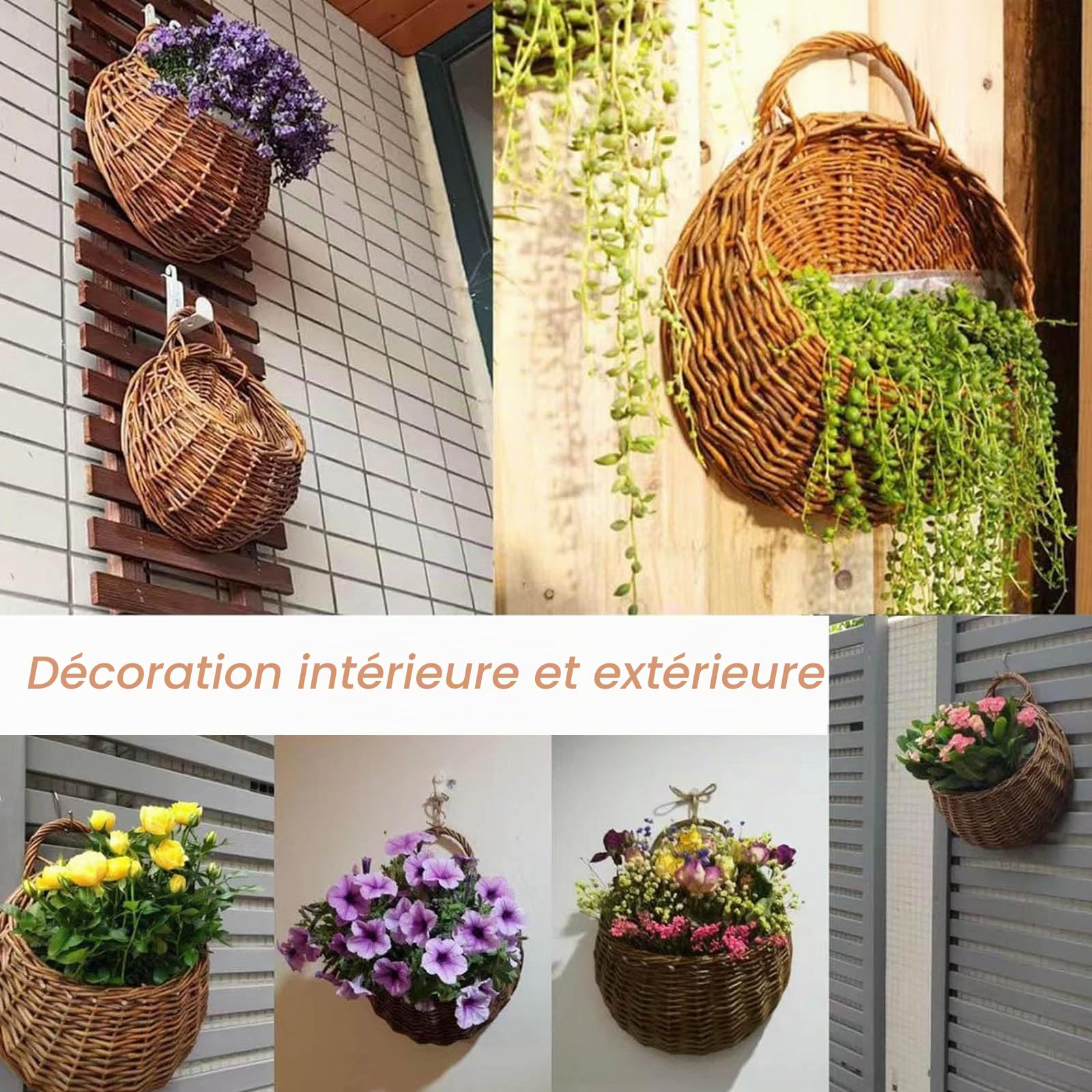 Pots de Fleurs à Suspendre En Rotin, Panier Porte-Fleurs Suspendu Tissé à La Main pour Plantes Intérieure ou Extérieure