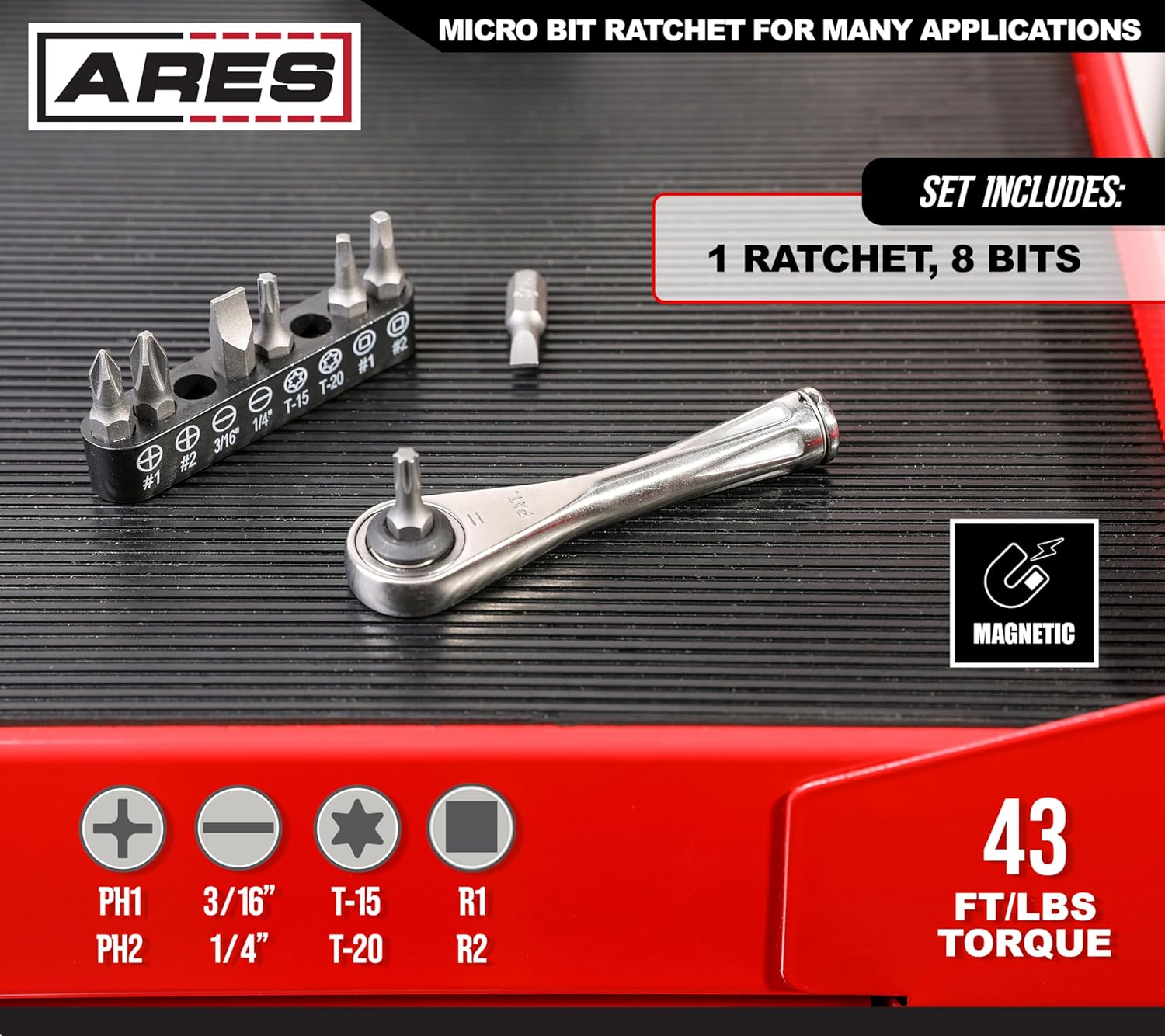 ARES 70040-1/4-Inch Drive Close Quarter Micro Bit Ratchet | Mini Screwdriver with High Torque 72-Tooth Gearhead - 5 Degree Sweep - Spring Loaded Detent Ball Bit Holder