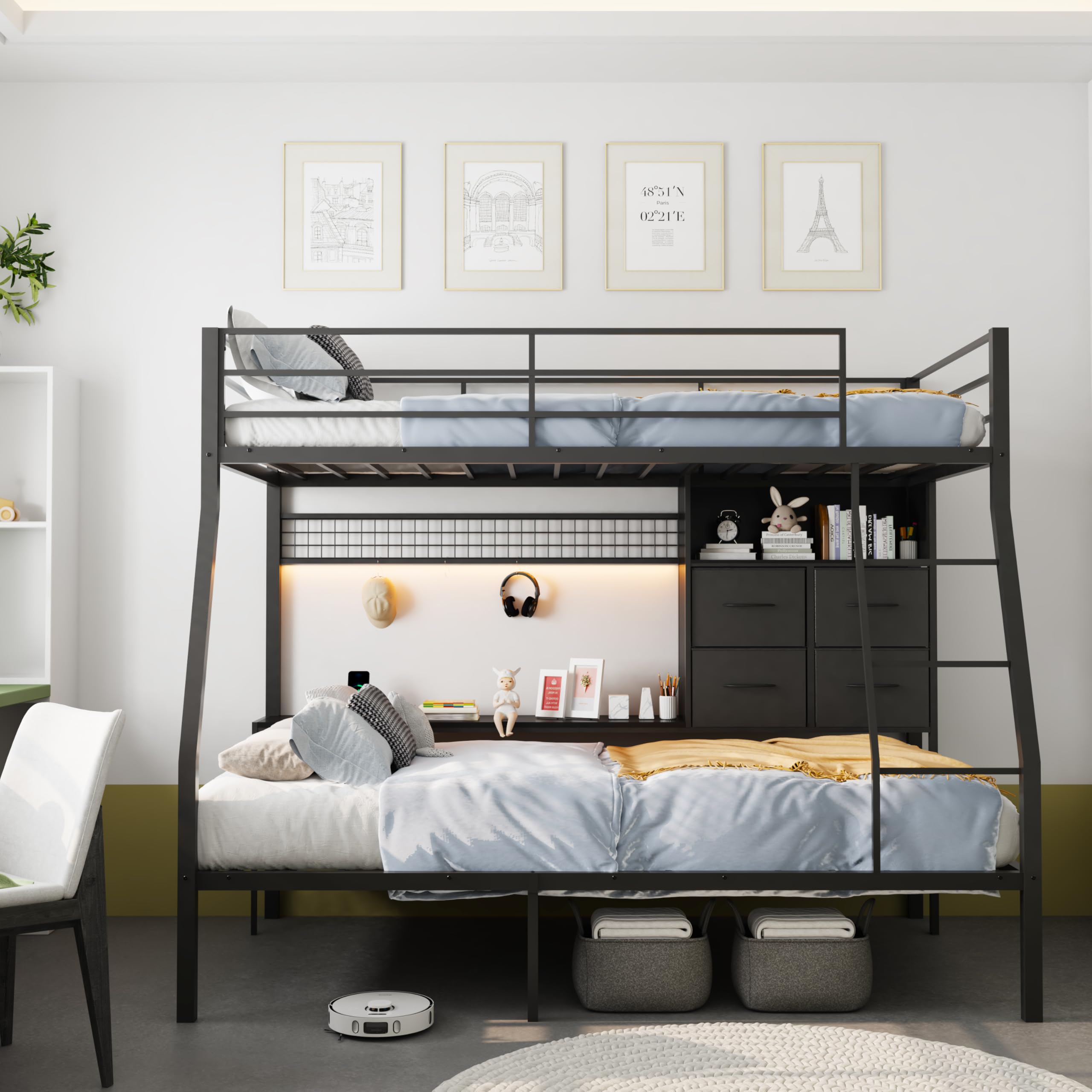 XINBEDEU 3FT Twin Over Twin Metal Bunk Bed with LED Lights, USB Charging Station, Storage Drawers & Shelves - Angled Ladder & Safety Guardrails for Kids Teens, Dorm, Bedroom (Black, Twin)