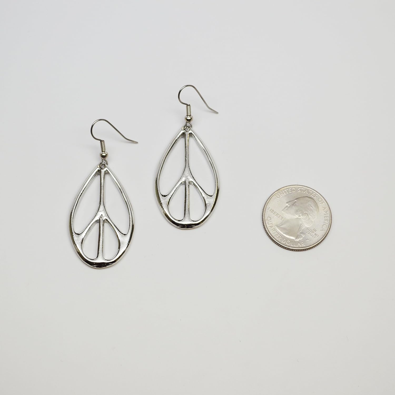 Oval Hippie Peace Sign Dangle Earrings Silver Finish Pewter - Image 7