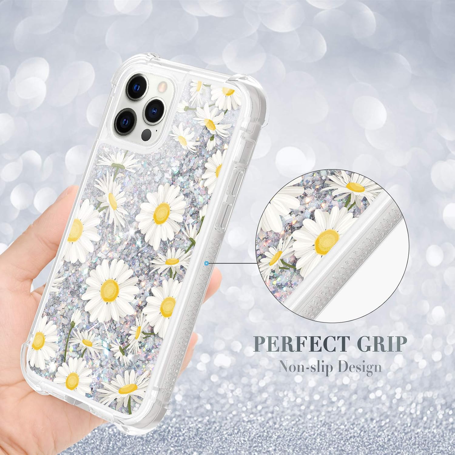Caka Glitter Case Compatible with iPhone 12 12 Pro, Daisy Flower Full Body Case with Screen Protector for Girls Women Girly Bling Liquid Case 6.1inches (Daisy)