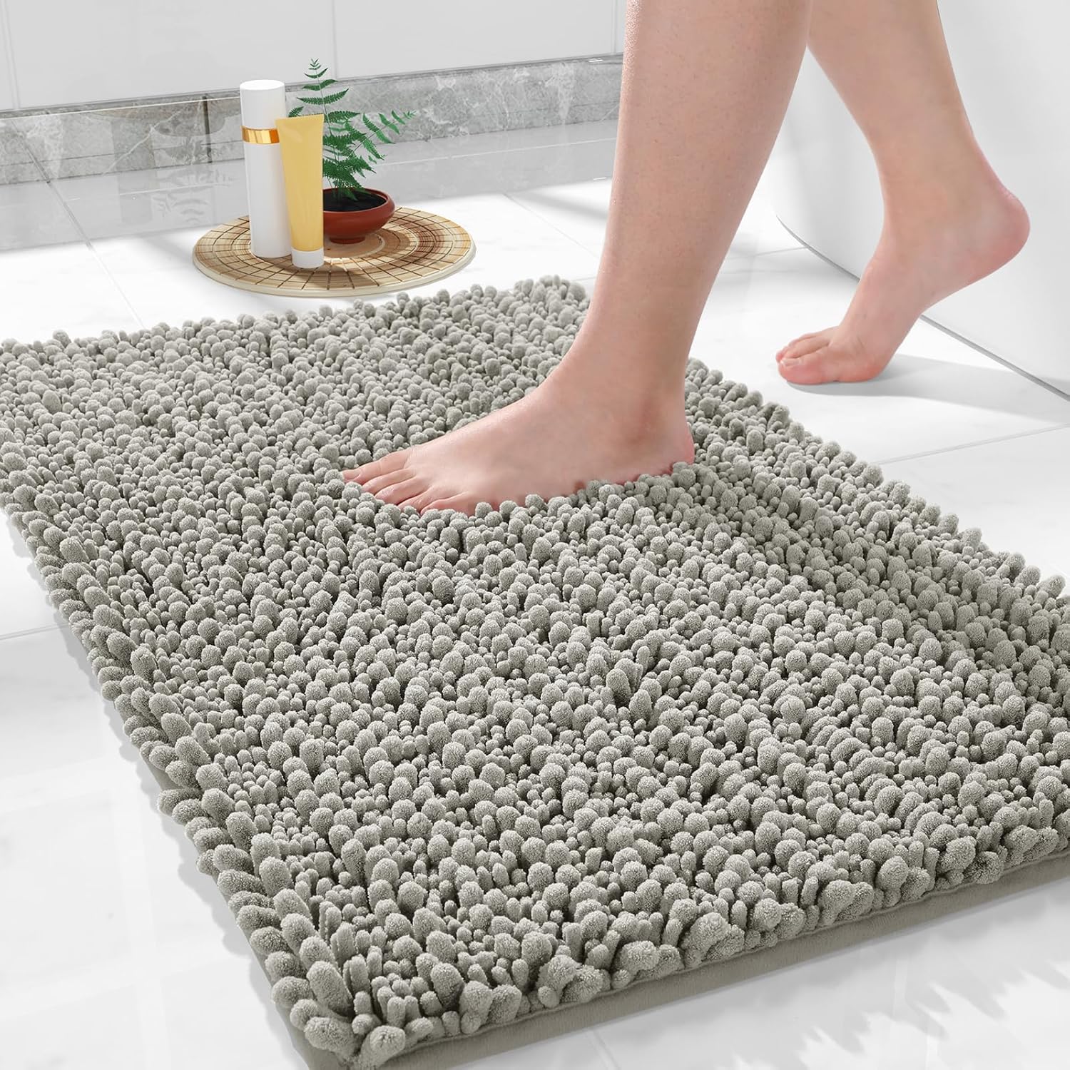 yimobra bathroom rug mat 24 x 17, extra soft non slip absorbent water bath rug, quick dry machine washable chenille shaggy shower mat, bath mat for bathroom floor, home decor accessories, sand 24" x 17" sand