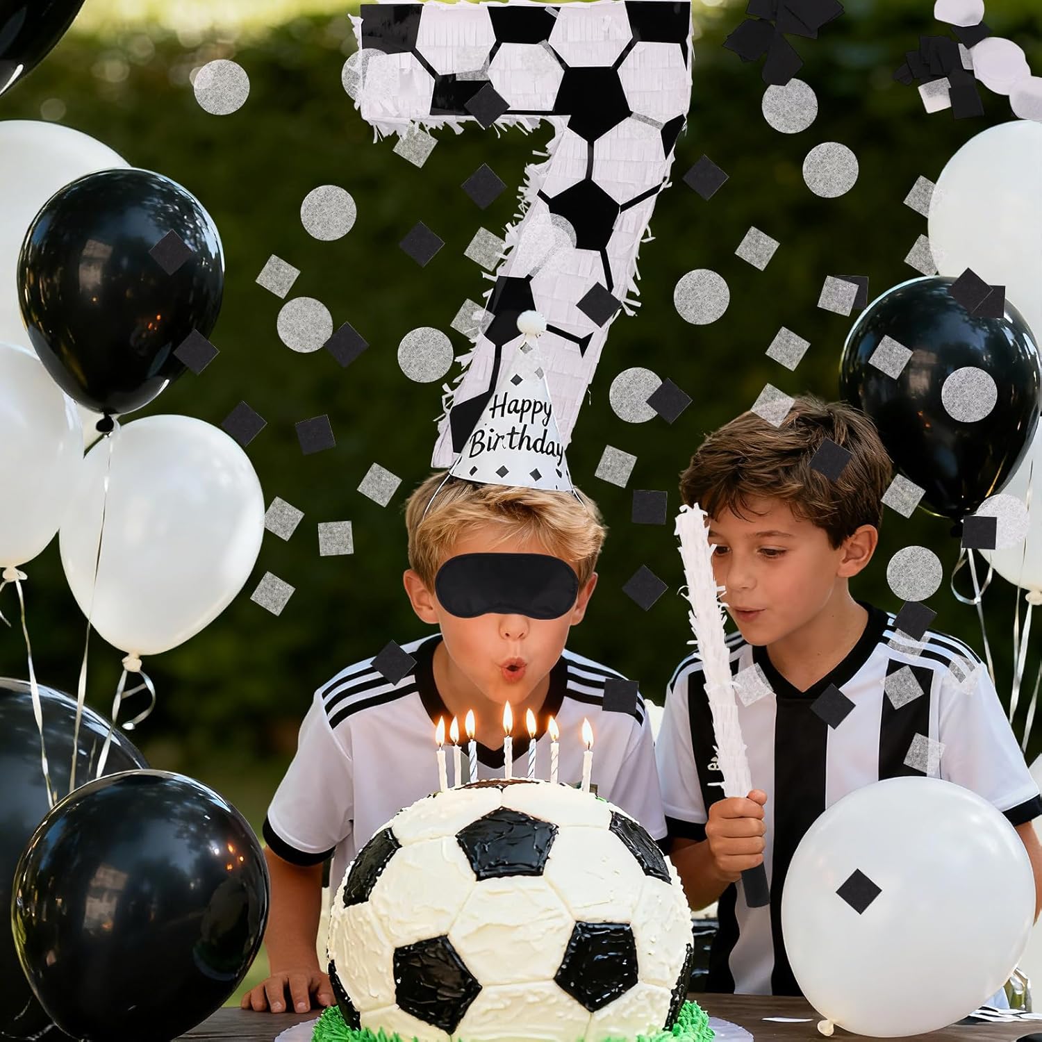 Soccer Themed Piñata Set, Soccer Ball Number 7 Piñata with Stick Blindfold & Confetti Sports Party Supplies for Birthday Decoration Party Games & Festive Celebrations