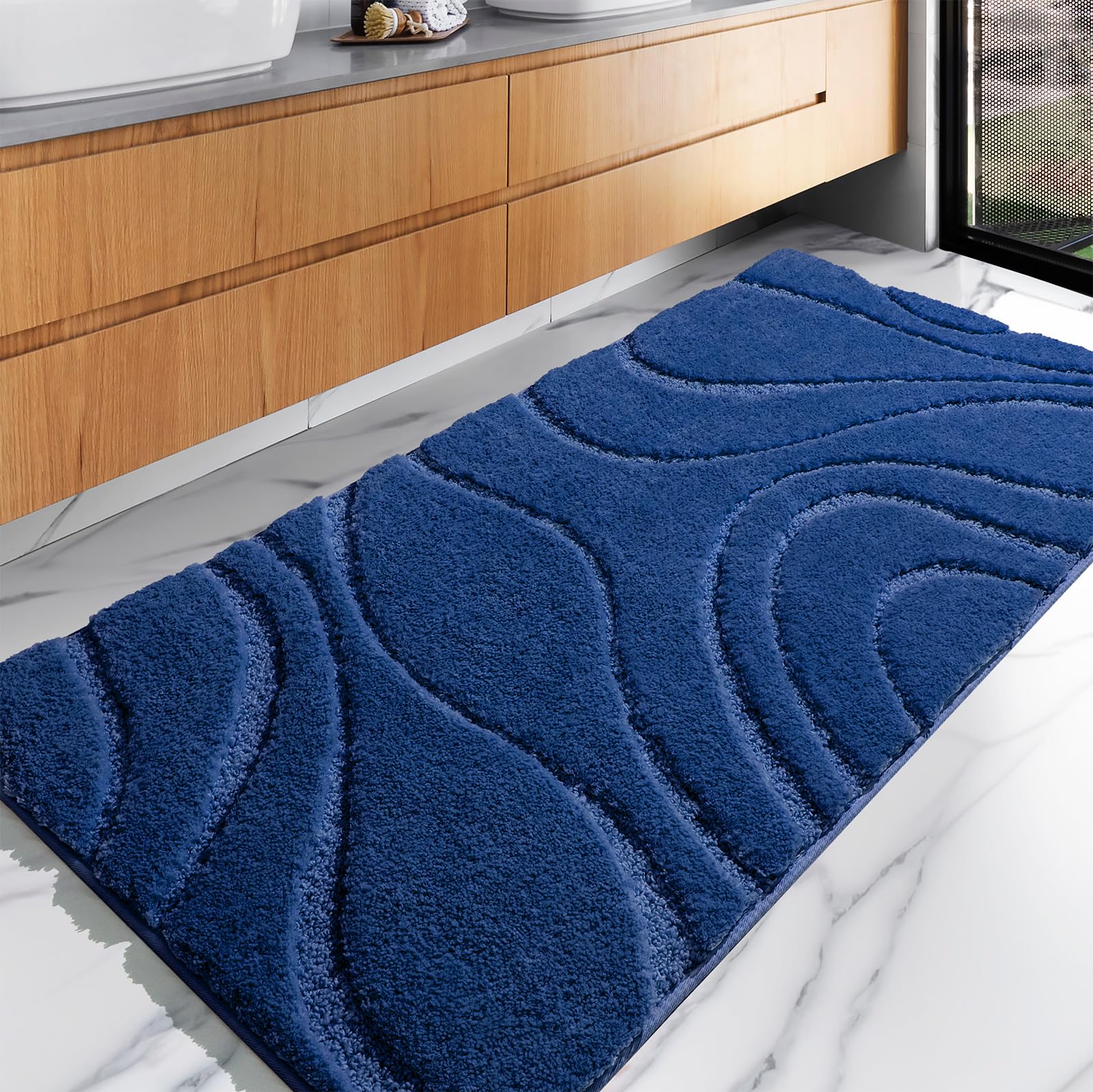DEXDE Bathroom Rugs Runner 24x60 Inch, Ultra Soft and Water Absorbent Bath Mats Long Bath Rug Non-Slip Machine Washable Rug Navy Blue Microfiber Thick Matts for Floor, Tub and Shower