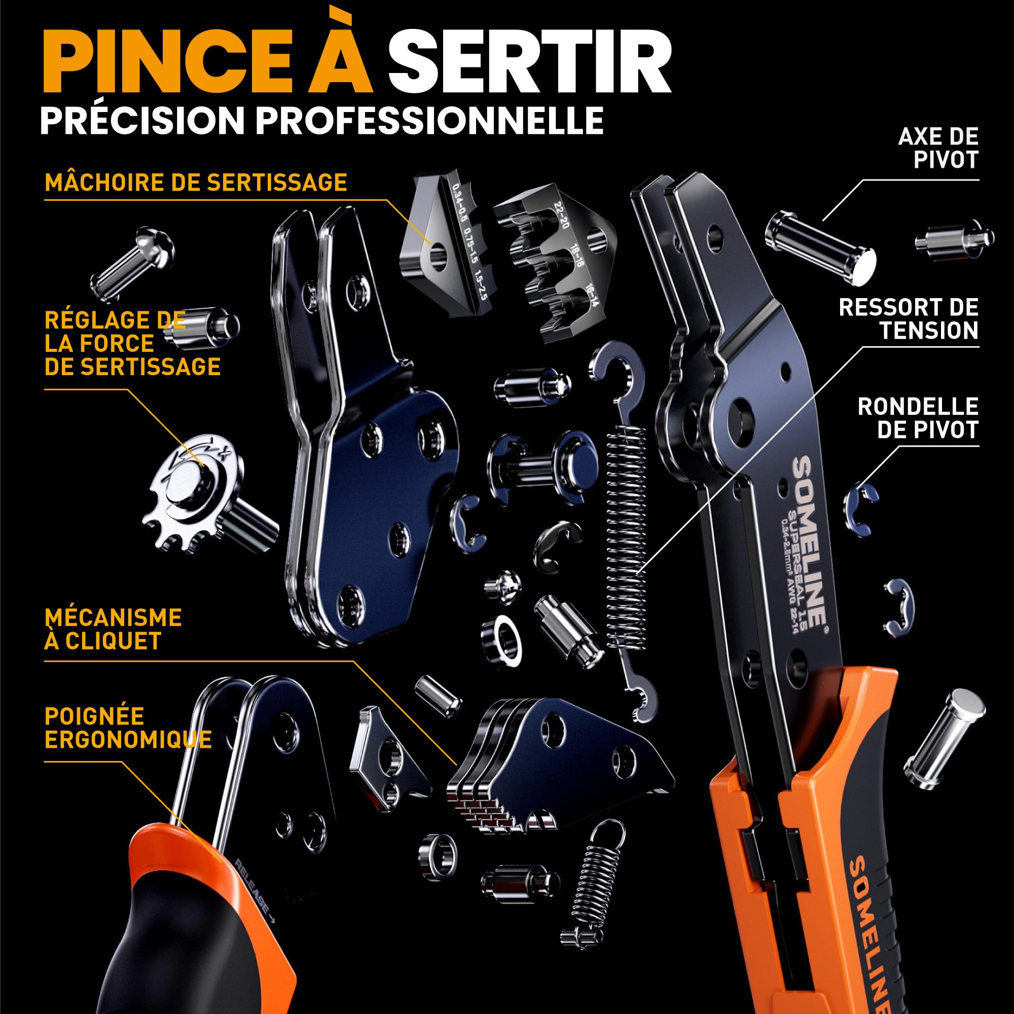 SOMELINE Kit de connecteurs automobiles étanches, Pince à sertir 0,34–2,5 mm², avec connecteurs 1/2/3/4/5 broches, outil de démontage | Pince à sertir compatible avec les connecteurs AMP série 1.5