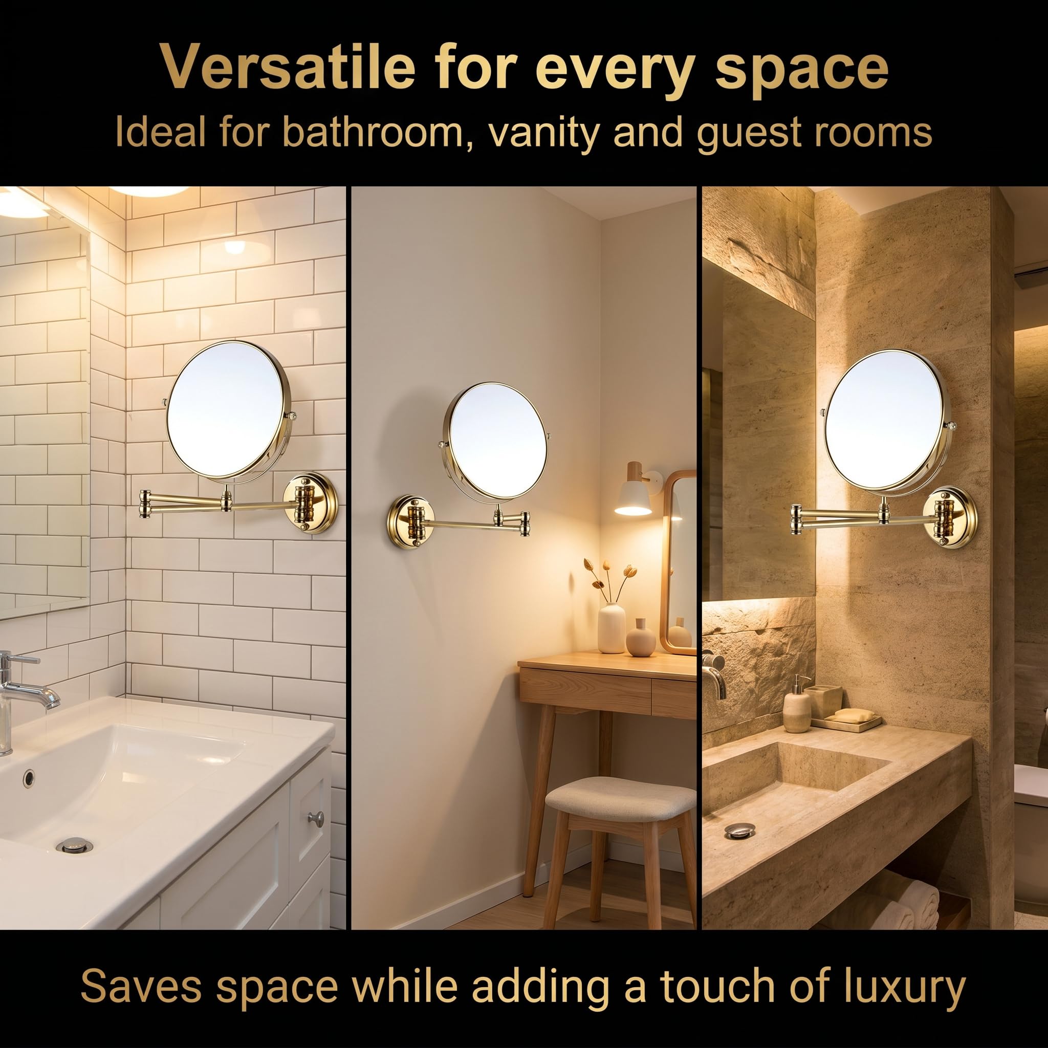 7Trees 20,3 cm Miroir de Maquillage Rétro Pliable pour Salle de Bain à Fixation Murale Miroir de Beauté Télescopique à Bascule (Or)