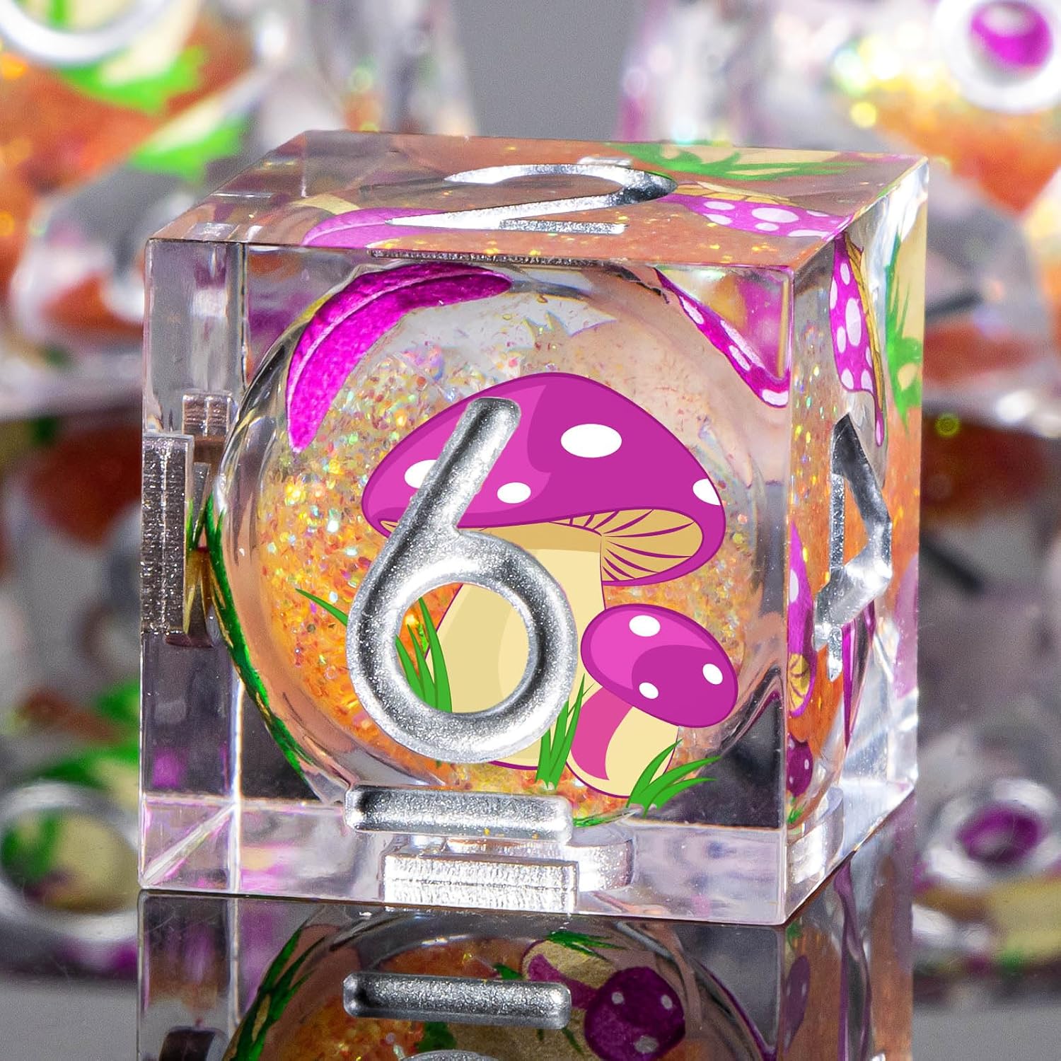 OUKELANWO Liquid Core Mushroom DND Dice Set D&D, 7Pcs Resin Sharp Edge Dice with Gift Box, Dungeons Dragons D and D Role Playing Gaming Dice D20 D12 D10 D8 D6 D4, Orange and Purple