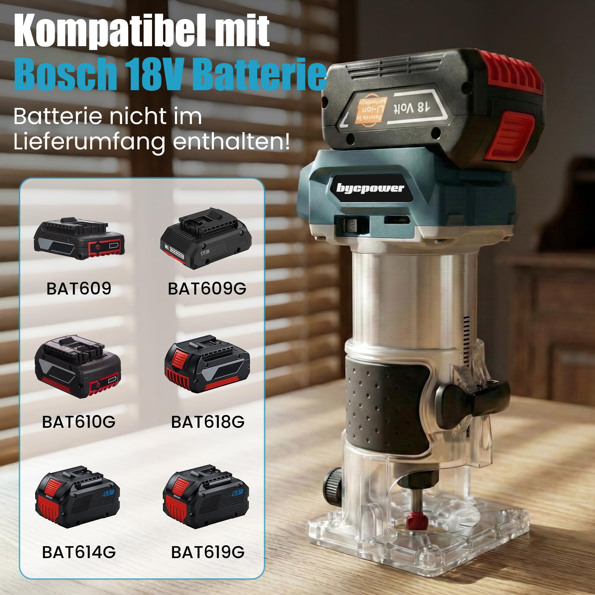 Akku Oberfräse für Bosch 18V Akku, 30000 RPM Bürstenloser Motor, 5-Stufen Kantenfräse, Kabellose Holzfräse mit 6,35mm Durchmesser, mit 15pcs 1/4" Fräser für Holz & Kunststoff (ohne Akku)
