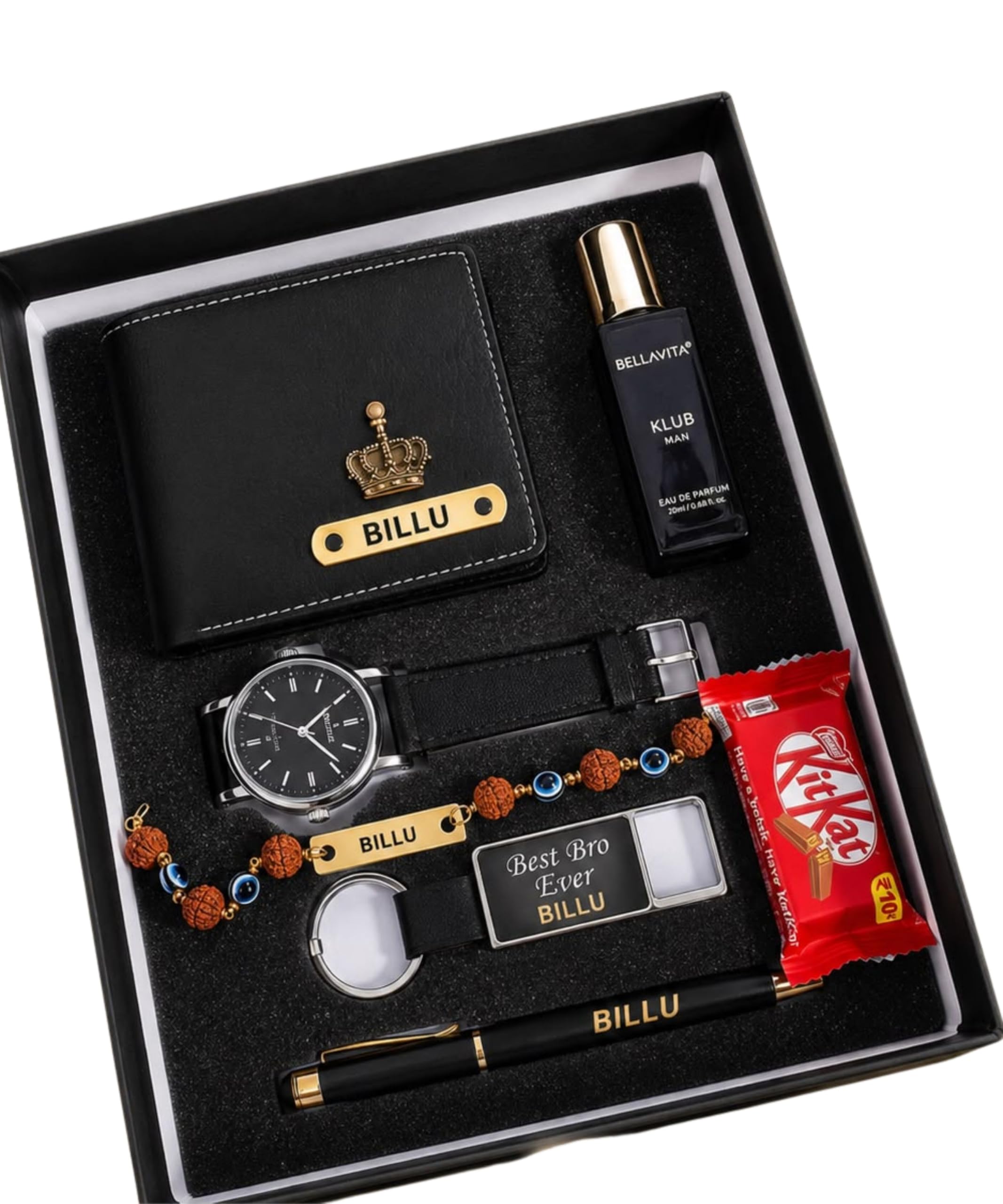 Personalized Rakhi Gift Hamper for Brother with Custom Name Wallet, Watch, Pen, Perfume, Keychain, Rakhi & Chocolate-image-44