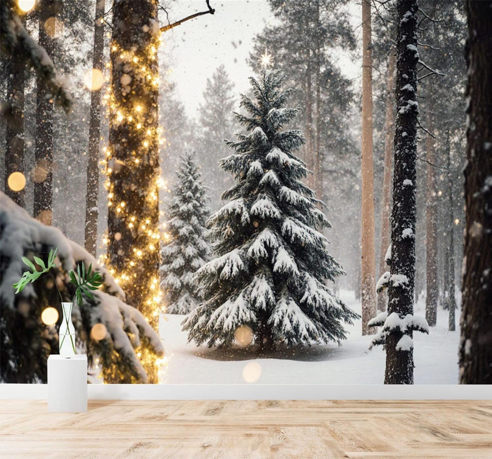 XLMING Beautiful Winter Pine Forest Snowy Landscape Golden Lights 3D Wallpaper Silky Texture Home Study Office Grey Dining Room Sofa Bedroom Living Room TV Backdrop-350cm×256cm