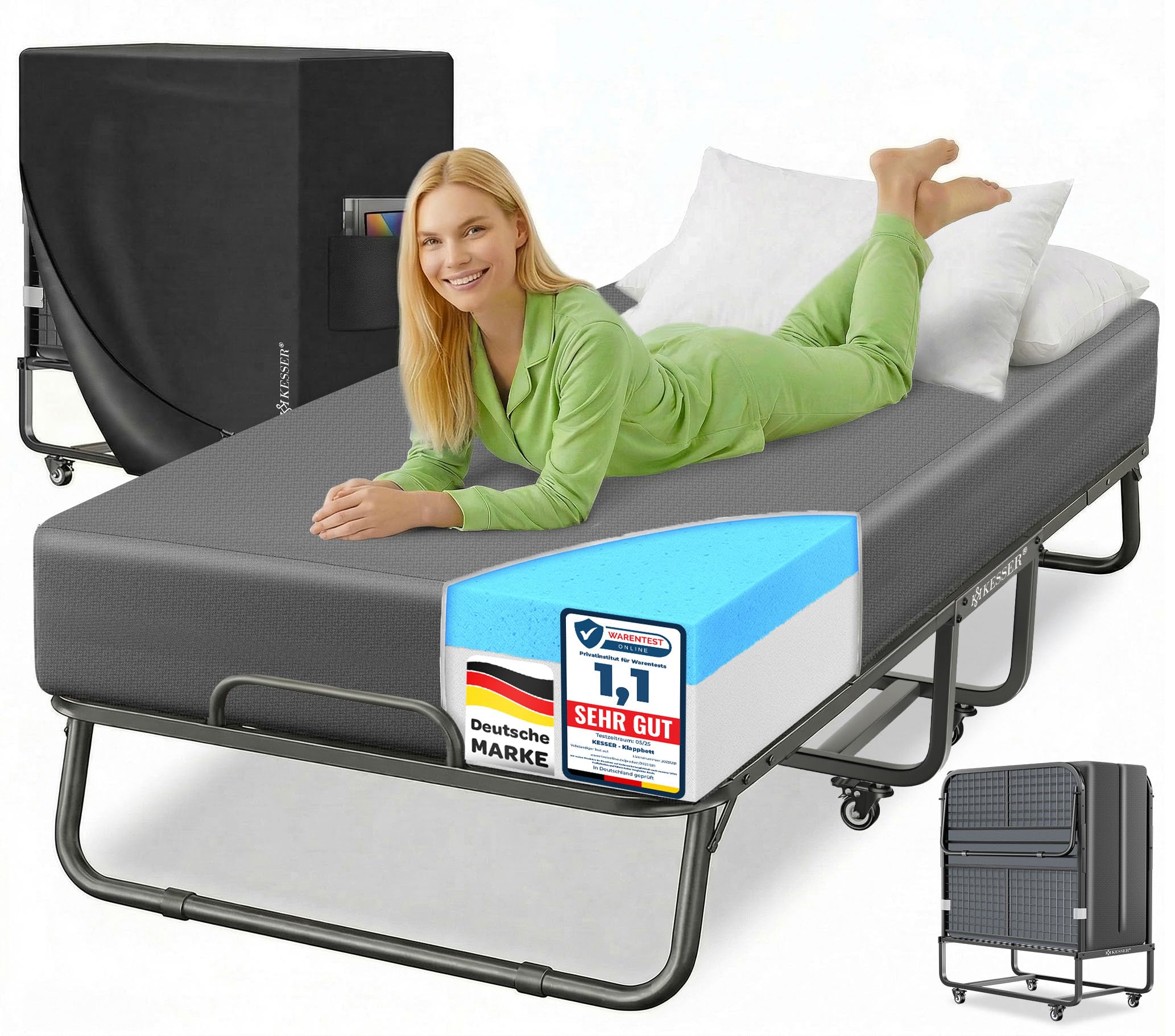 KESSER® Klappbett 200x90cm Gästebett inkl. Matratze aus Memory-Schaum & Rollen | faltbares Reisebett mit Metallrahmen für Erwachsene belastbar bis 250kg | Metallbett mit Schaumstoffmatratze & Cover