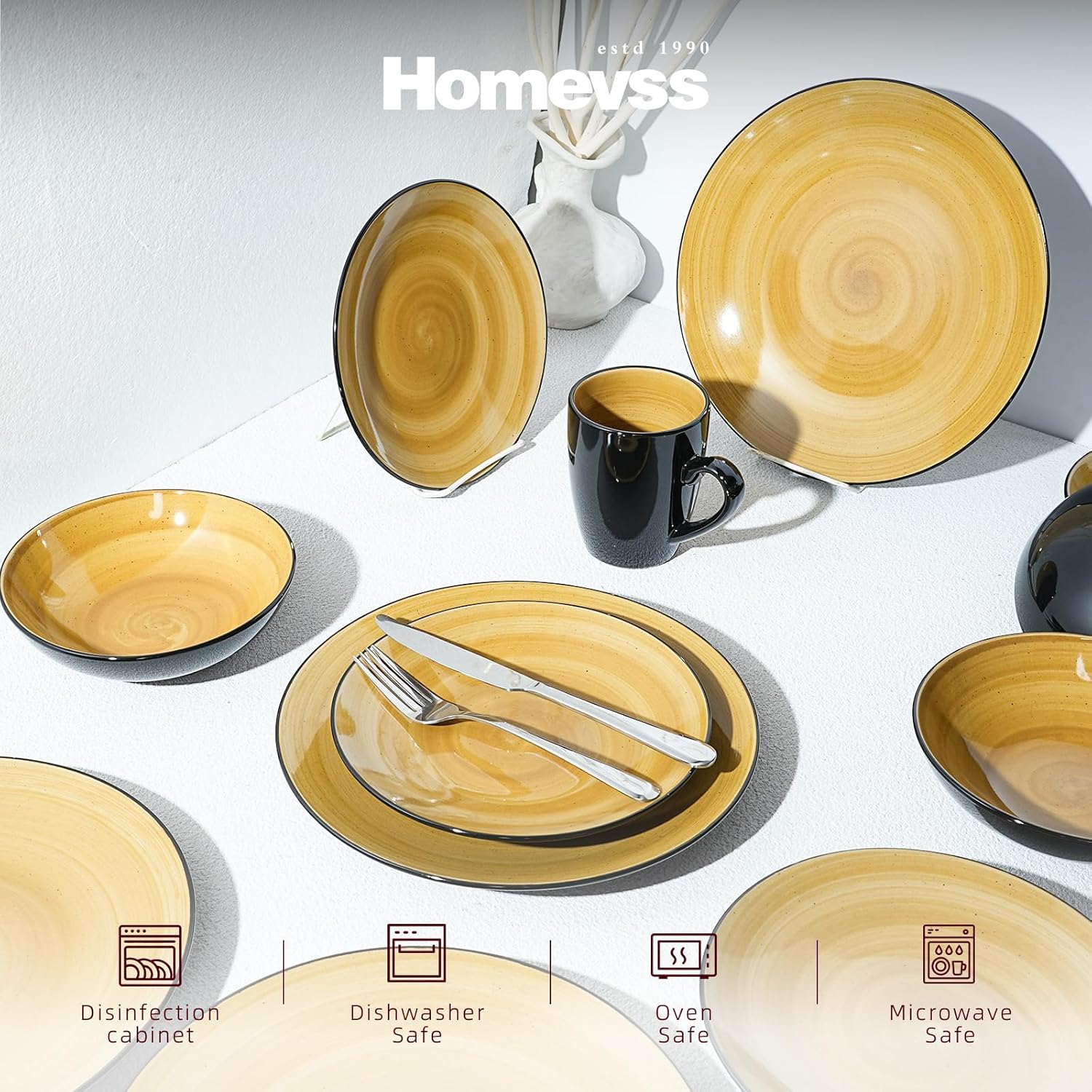 Stoneware Sonoma 16pc Dinnerware Set, Black + Speckled Spin Wash Yellow