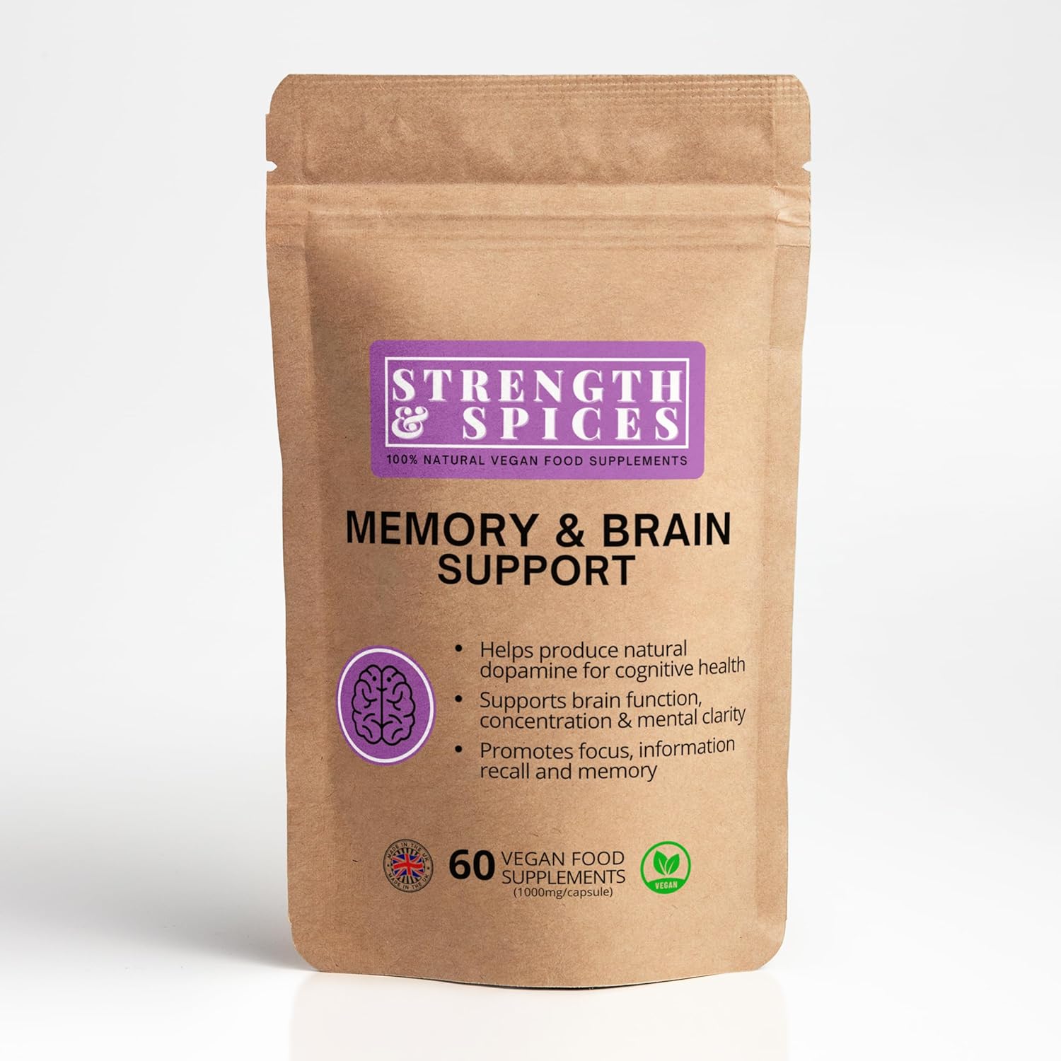 Strength & Spices Memory Booster and Focus Supplement with Ginkgo Biloba and 22 Super Ingredients, Plant-Based Brain Supplement for Improved Mood, Clarity, and Alertness, 1000mg, 60 Capsules, Refill